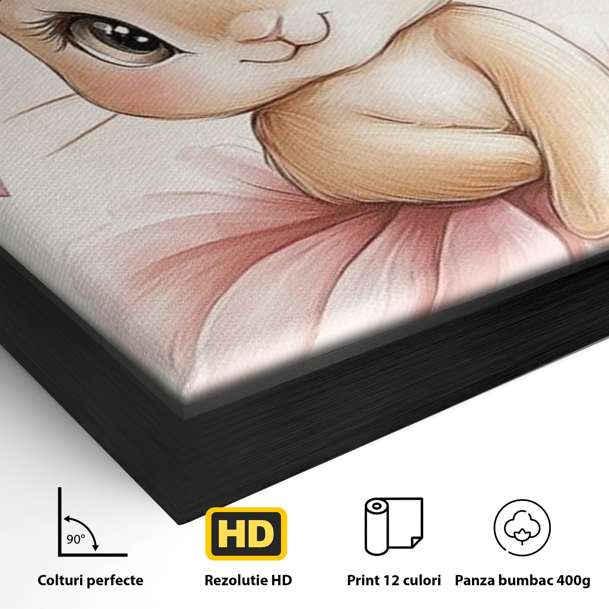 Tablou Canvas Premium, LuxCanva® K1033, Iepurasul Balerina, Gingasie, Rochita, Fundita, Roz, Printesa, Inimioare, Zambet, Tutu, Urechi, Privire, Copilaresc, Jucausa, Camera Copil, Dormitor