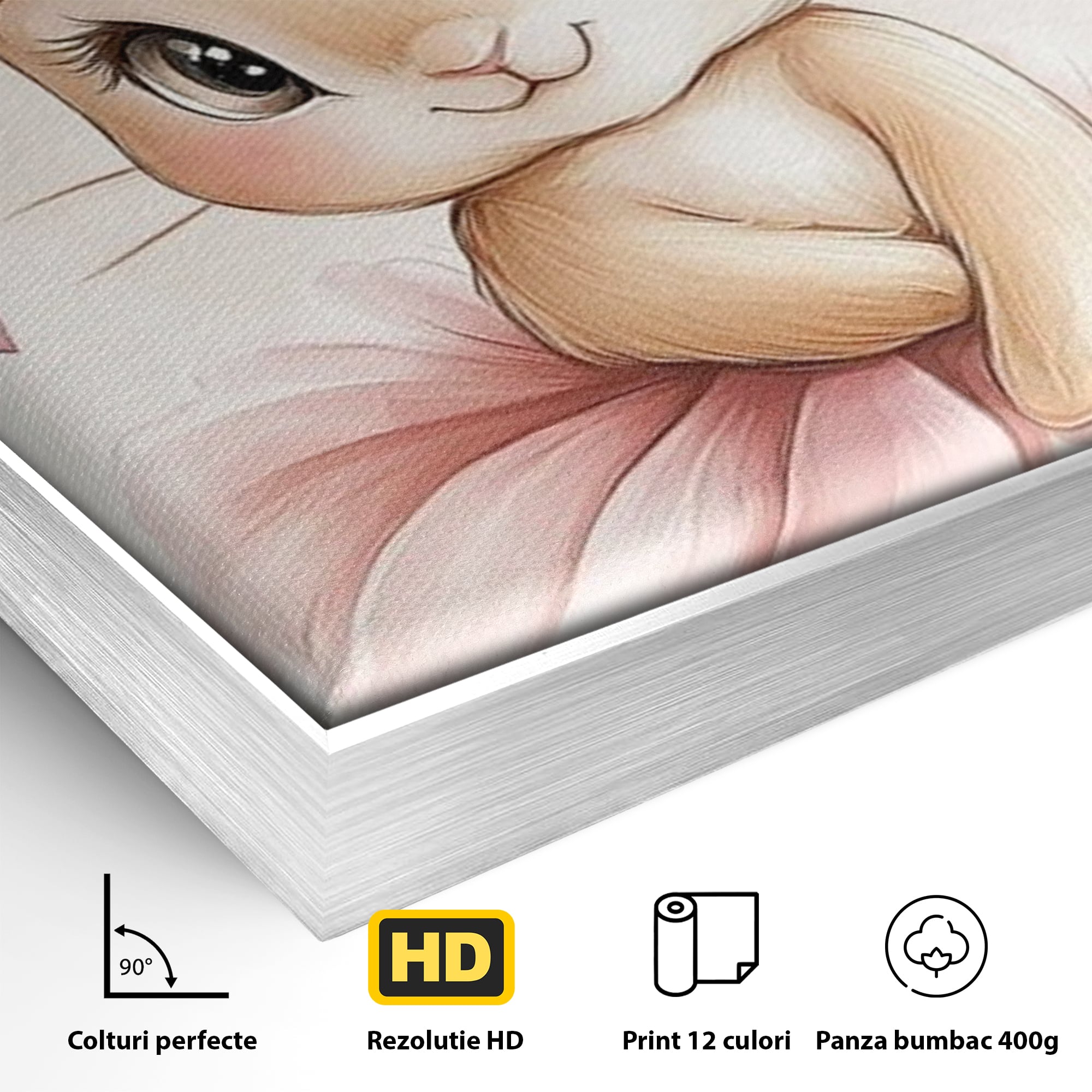 Tablou Canvas Premium, LuxCanva® K1033, Iepurasul Balerina, Gingasie, Rochita, Fundita, Roz, Printesa, Inimioare, Zambet, Tutu, Urechi, Privire, Copilaresc, Jucausa, Camera Copil, Dormitor
