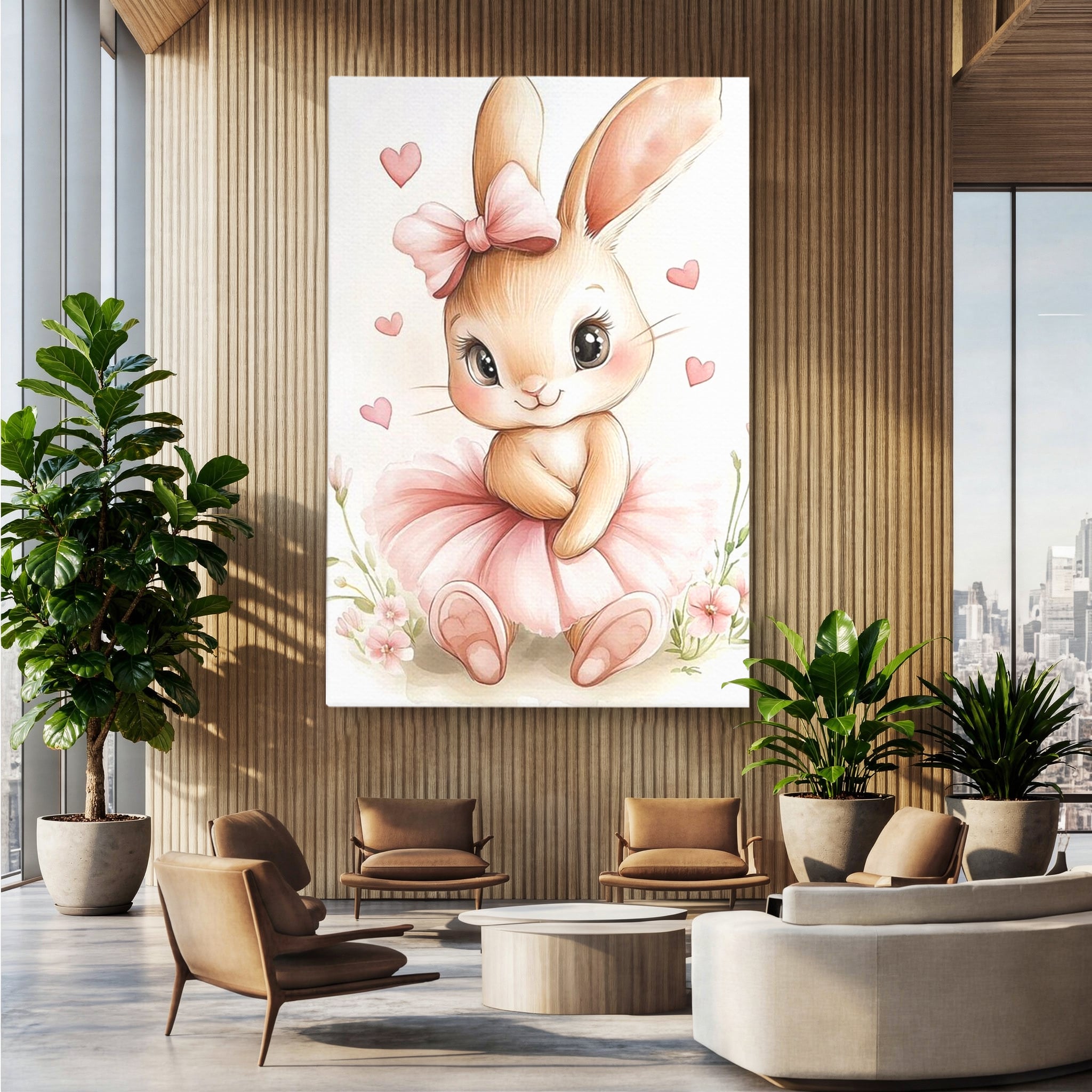 Tablou Canvas Premium, LuxCanva® K1033, Iepurasul Balerina, Gingasie, Rochita, Fundita, Roz, Printesa, Inimioare, Zambet, Tutu, Urechi, Privire, Copilaresc, Jucausa, Camera Copil, Dormitor
