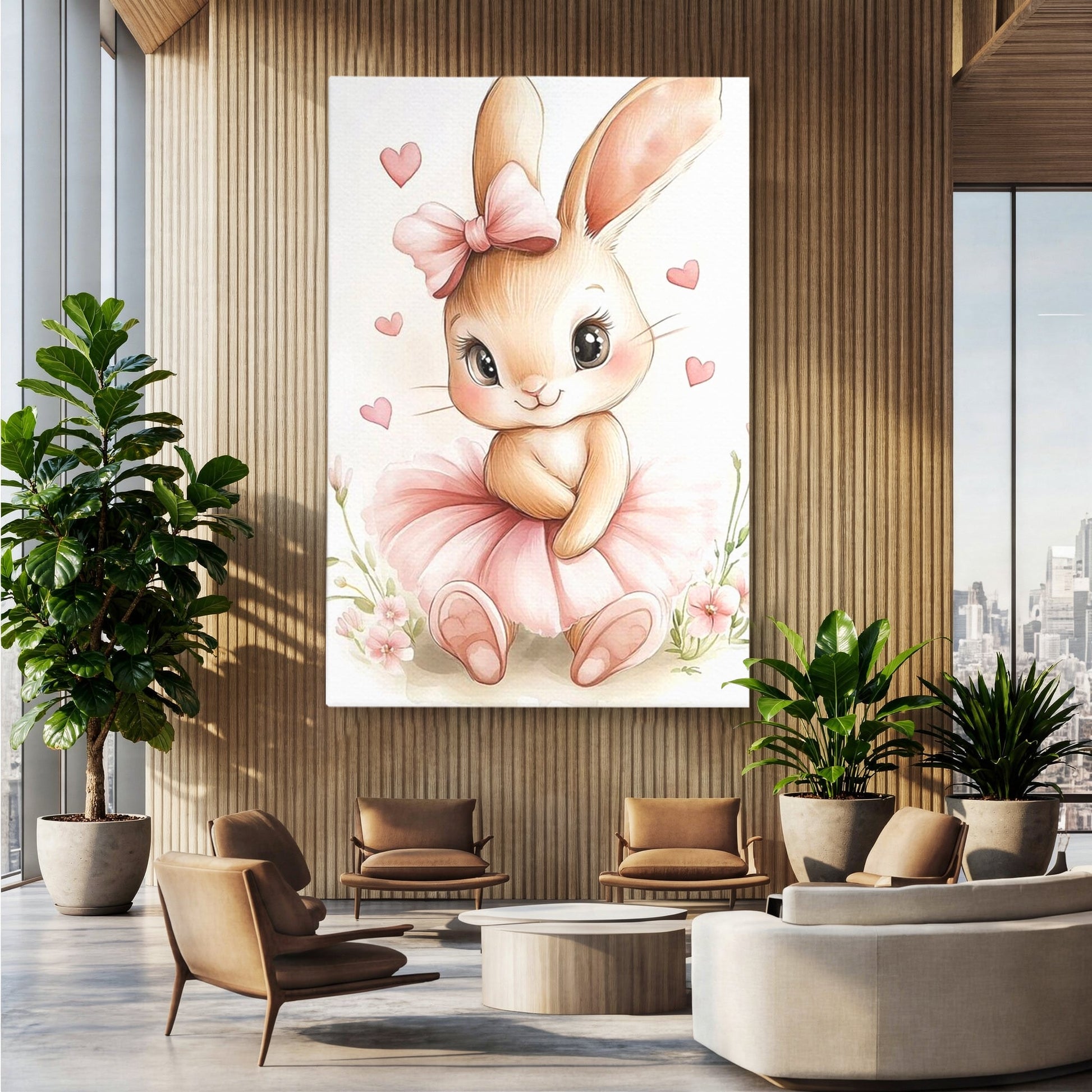 Tablou Canvas Premium, LuxCanva® K1033, Iepurasul Balerina, Gingasie, Rochita, Fundita, Roz, Printesa, Inimioare, Zambet, Tutu, Urechi, Privire, Copilaresc, Jucausa, Camera Copil, Dormitor