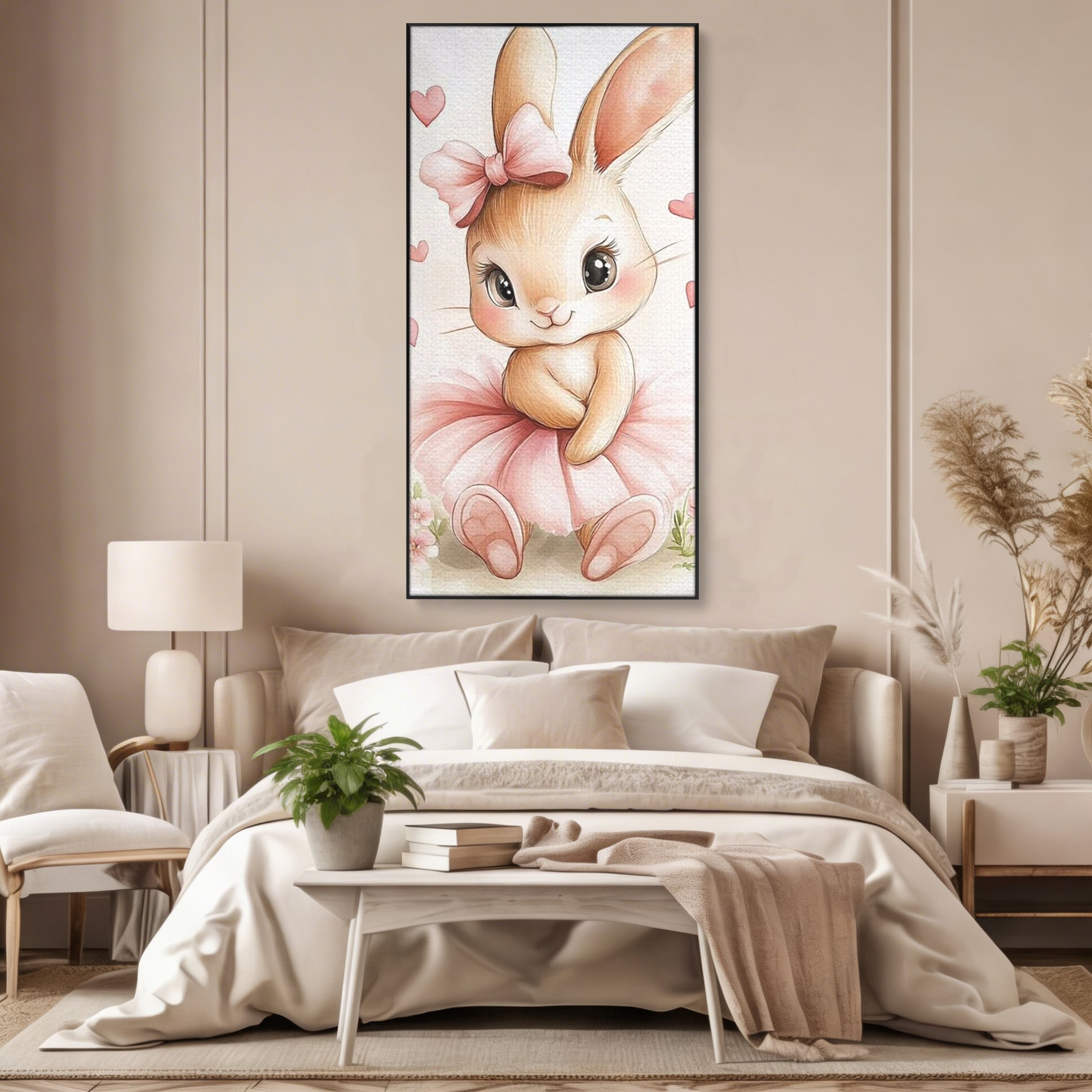 Tablou Canvas Premium, LuxCanva® K1033, Iepurasul Balerina, Gingasie, Rochita, Fundita, Roz, Printesa, Inimioare, Zambet, Tutu, Urechi, Privire, Copilaresc, Jucausa, Camera Copil, Dormitor