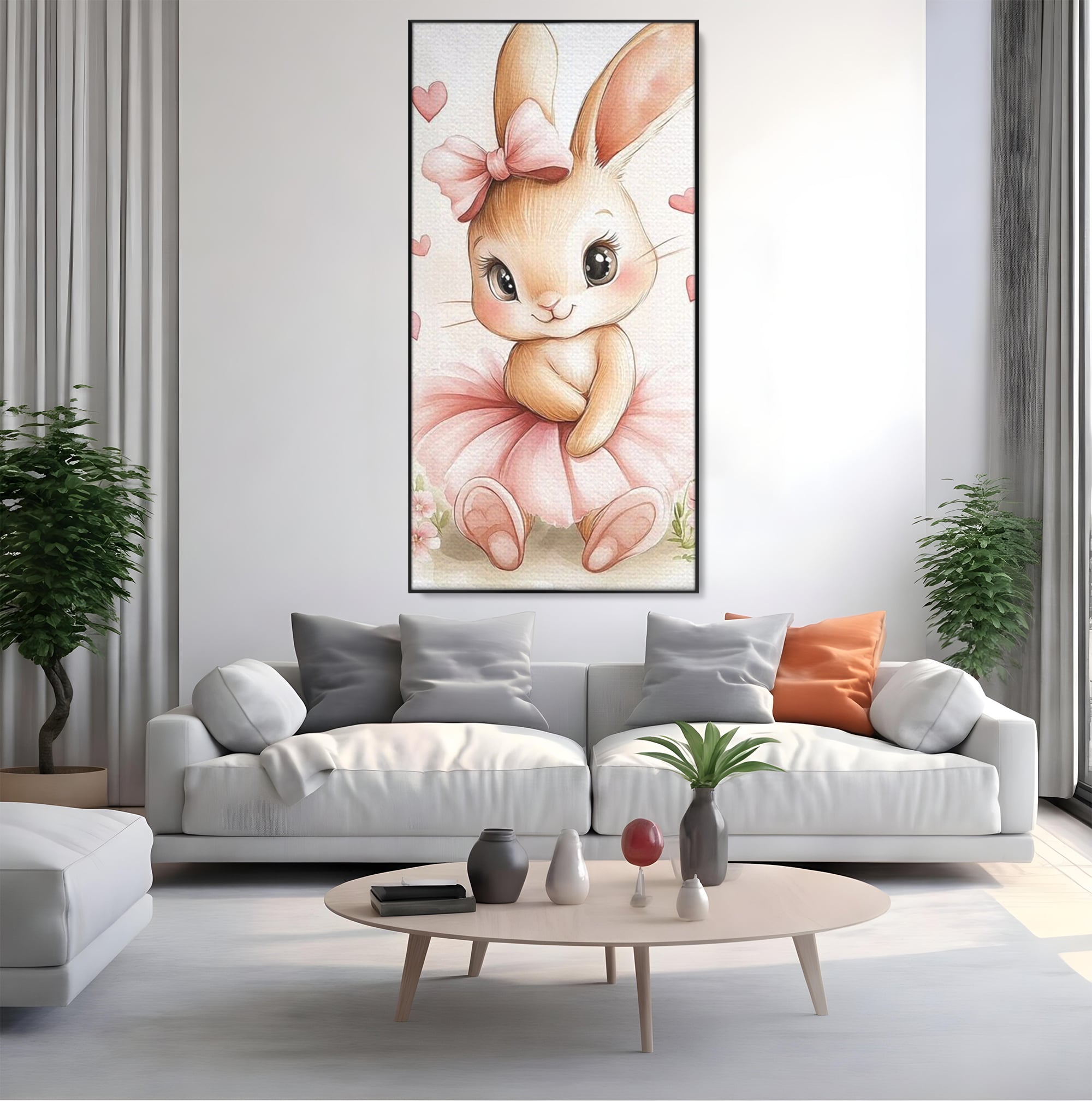 Tablou Canvas Premium, LuxCanva® K1033, Iepurasul Balerina, Gingasie, Rochita, Fundita, Roz, Printesa, Inimioare, Zambet, Tutu, Urechi, Privire, Copilaresc, Jucausa, Camera Copil, Dormitor