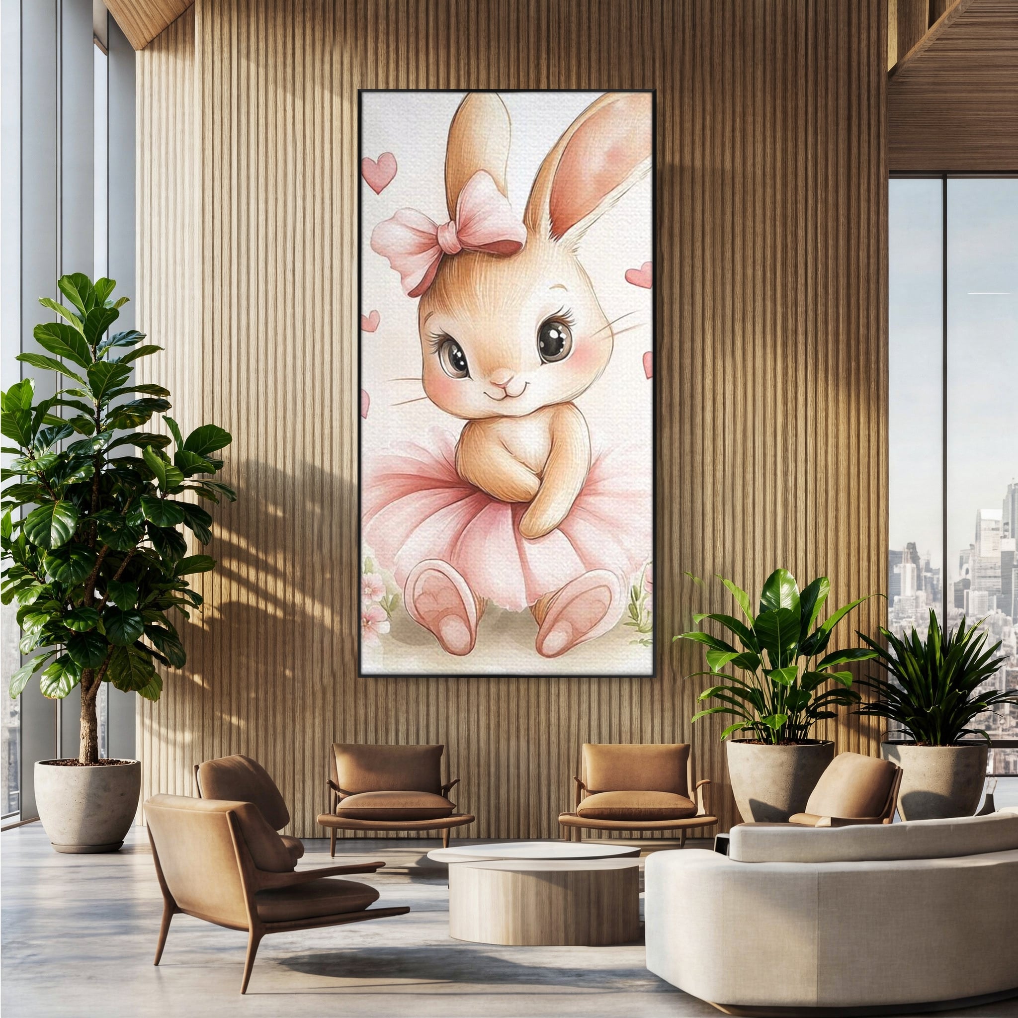Tablou Canvas Premium, LuxCanva® K1033, Iepurasul Balerina, Gingasie, Rochita, Fundita, Roz, Printesa, Inimioare, Zambet, Tutu, Urechi, Privire, Copilaresc, Jucausa, Camera Copil, Dormitor