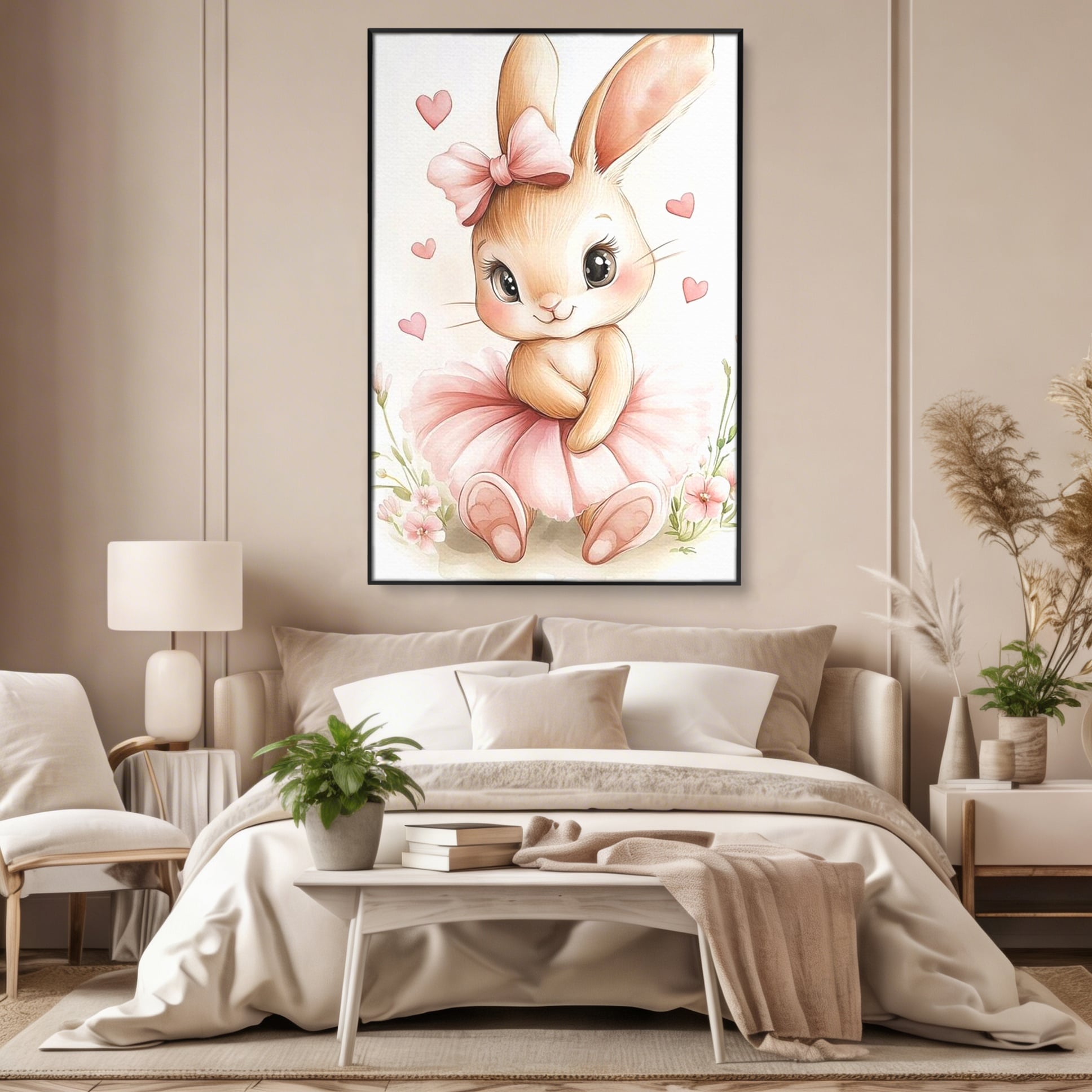 Tablou Canvas Premium, LuxCanva® K1033, Iepurasul Balerina, Gingasie, Rochita, Fundita, Roz, Printesa, Inimioare, Zambet, Tutu, Urechi, Privire, Copilaresc, Jucausa, Camera Copil, Dormitor