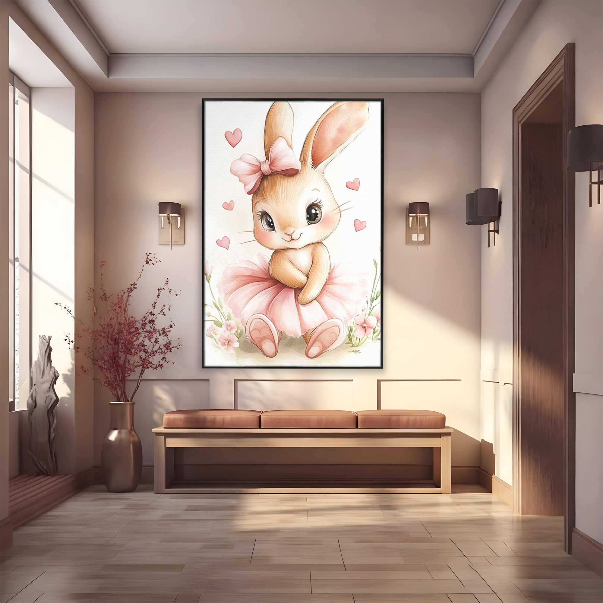 Tablou Canvas Premium, LuxCanva® K1033, Iepurasul Balerina, Gingasie, Rochita, Fundita, Roz, Printesa, Inimioare, Zambet, Tutu, Urechi, Privire, Copilaresc, Jucausa, Camera Copil, Dormitor