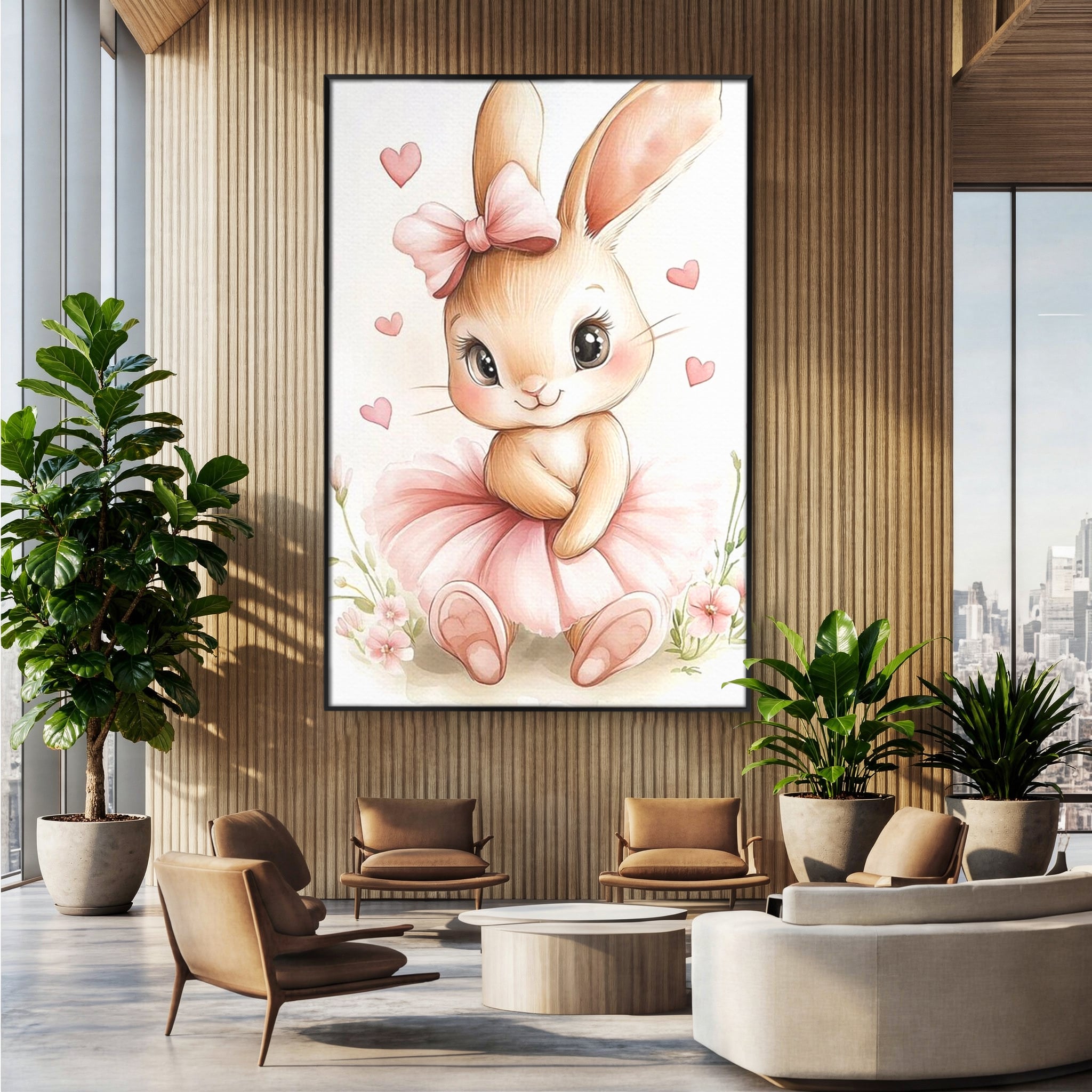 Tablou Canvas Premium, LuxCanva® K1033, Iepurasul Balerina, Gingasie, Rochita, Fundita, Roz, Printesa, Inimioare, Zambet, Tutu, Urechi, Privire, Copilaresc, Jucausa, Camera Copil, Dormitor