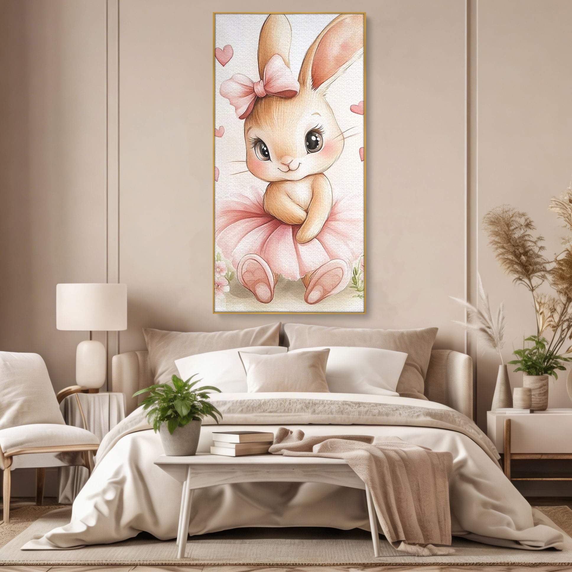 Tablou Canvas Premium, LuxCanva® K1033, Iepurasul Balerina, Gingasie, Rochita, Fundita, Roz, Printesa, Inimioare, Zambet, Tutu, Urechi, Privire, Copilaresc, Jucausa, Camera Copil, Dormitor