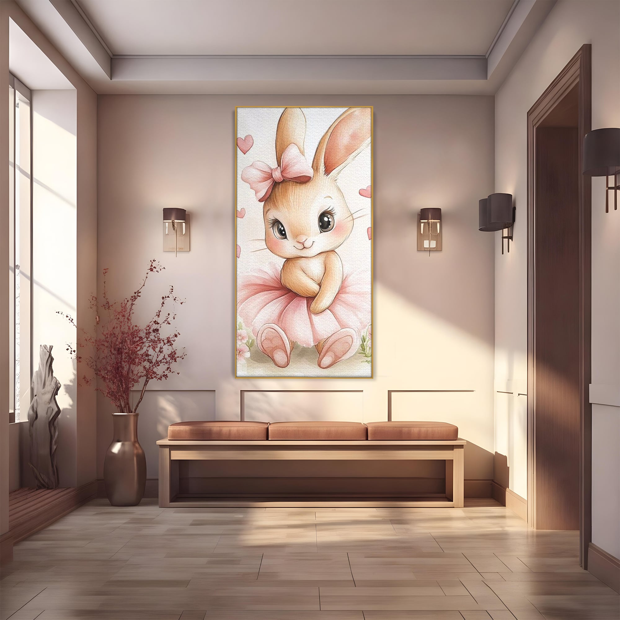 Tablou Canvas Premium, LuxCanva® K1033, Iepurasul Balerina, Gingasie, Rochita, Fundita, Roz, Printesa, Inimioare, Zambet, Tutu, Urechi, Privire, Copilaresc, Jucausa, Camera Copil, Dormitor