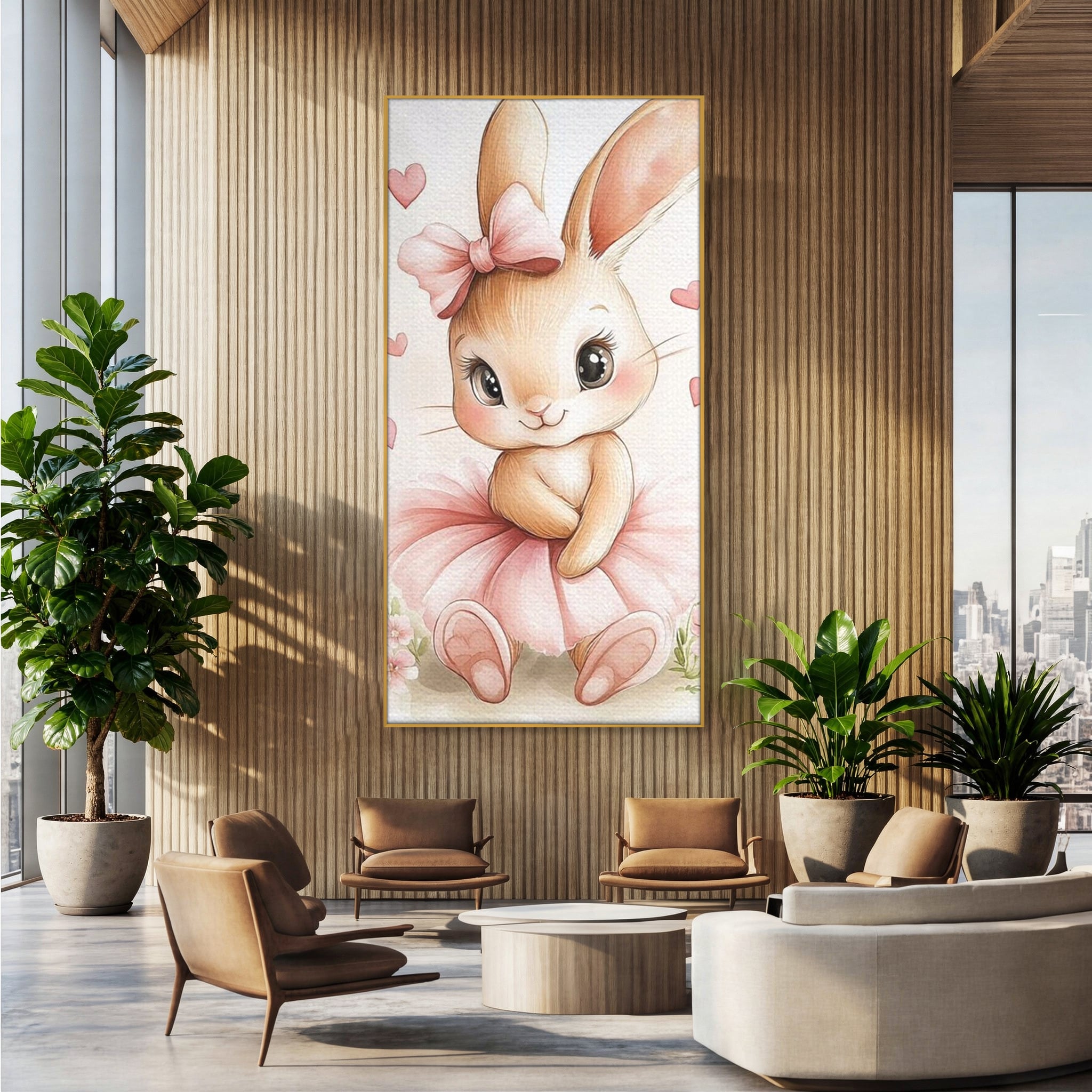 Tablou Canvas Premium, LuxCanva® K1033, Iepurasul Balerina, Gingasie, Rochita, Fundita, Roz, Printesa, Inimioare, Zambet, Tutu, Urechi, Privire, Copilaresc, Jucausa, Camera Copil, Dormitor