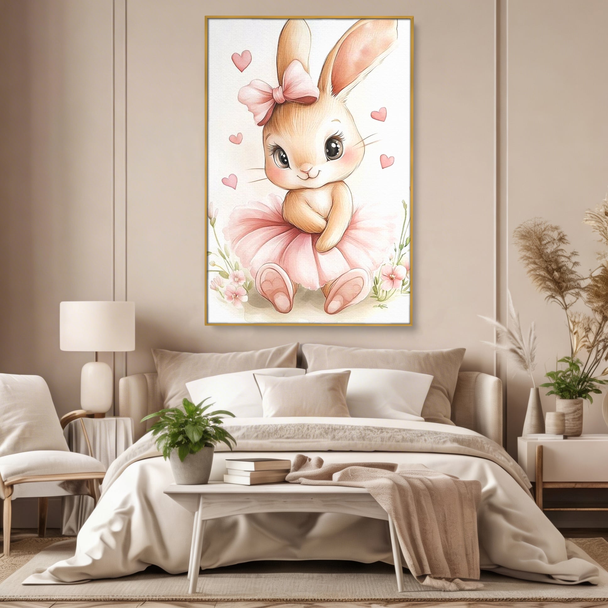 Tablou Canvas Premium, LuxCanva® K1033, Iepurasul Balerina, Gingasie, Rochita, Fundita, Roz, Printesa, Inimioare, Zambet, Tutu, Urechi, Privire, Copilaresc, Jucausa, Camera Copil, Dormitor