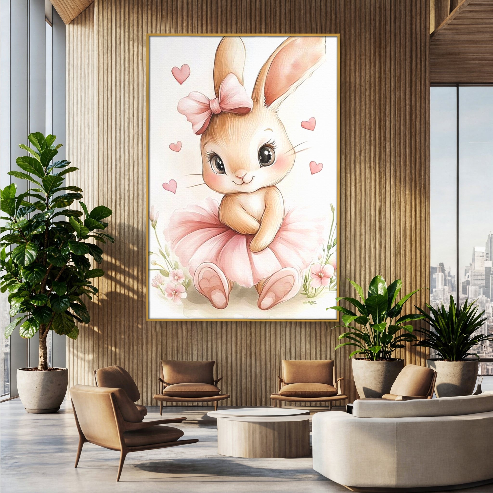 Tablou Canvas Premium, LuxCanva® K1033, Iepurasul Balerina, Gingasie, Rochita, Fundita, Roz, Printesa, Inimioare, Zambet, Tutu, Urechi, Privire, Copilaresc, Jucausa, Camera Copil, Dormitor