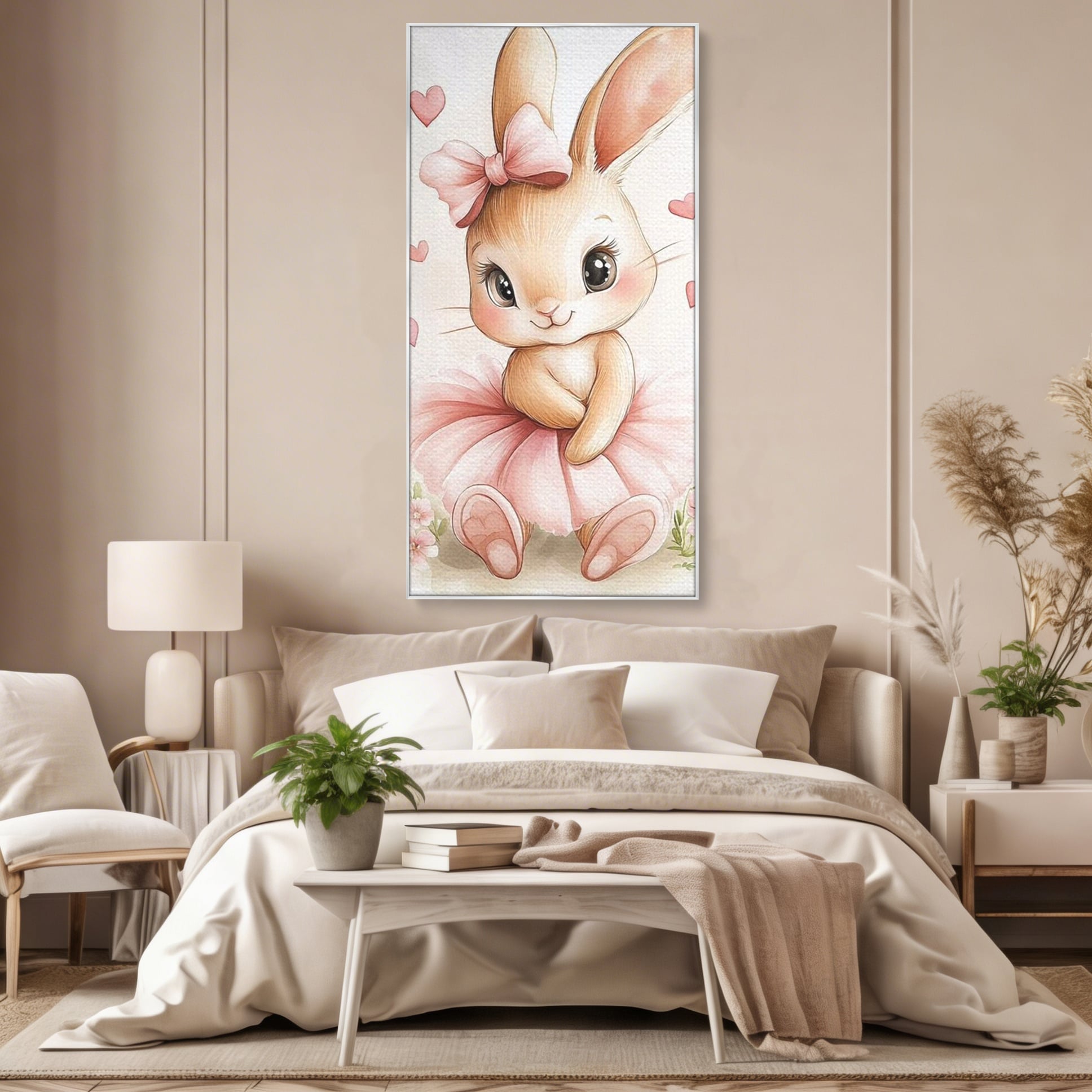 Tablou Canvas Premium, LuxCanva® K1033, Iepurasul Balerina, Gingasie, Rochita, Fundita, Roz, Printesa, Inimioare, Zambet, Tutu, Urechi, Privire, Copilaresc, Jucausa, Camera Copil, Dormitor