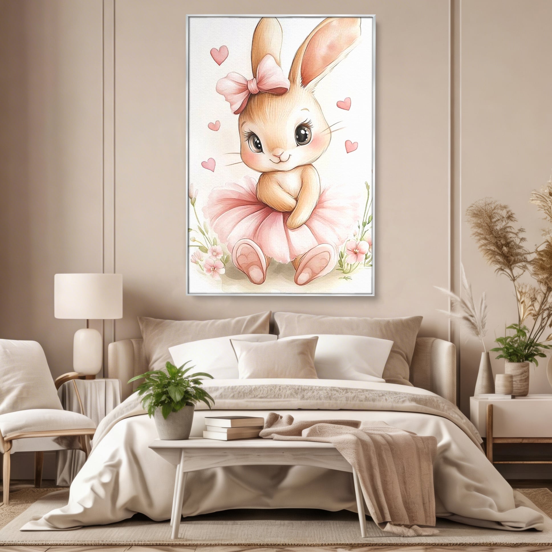 Tablou Canvas Premium, LuxCanva® K1033, Iepurasul Balerina, Gingasie, Rochita, Fundita, Roz, Printesa, Inimioare, Zambet, Tutu, Urechi, Privire, Copilaresc, Jucausa, Camera Copil, Dormitor