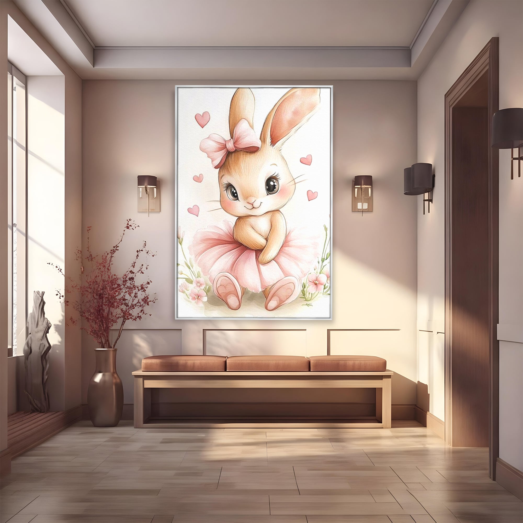 Tablou Canvas Premium, LuxCanva® K1033, Iepurasul Balerina, Gingasie, Rochita, Fundita, Roz, Printesa, Inimioare, Zambet, Tutu, Urechi, Privire, Copilaresc, Jucausa, Camera Copil, Dormitor