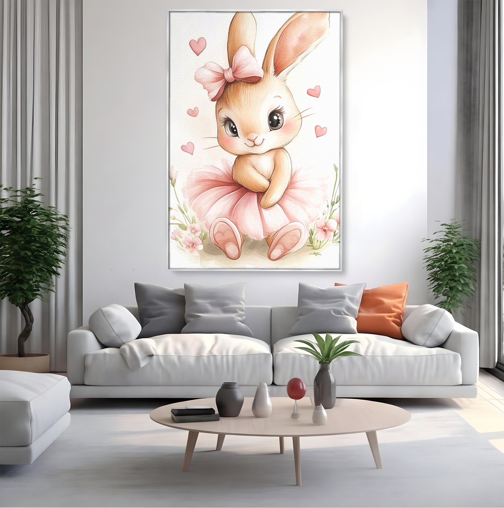 Tablou Canvas Premium, LuxCanva® K1033, Iepurasul Balerina, Gingasie, Rochita, Fundita, Roz, Printesa, Inimioare, Zambet, Tutu, Urechi, Privire, Copilaresc, Jucausa, Camera Copil, Dormitor