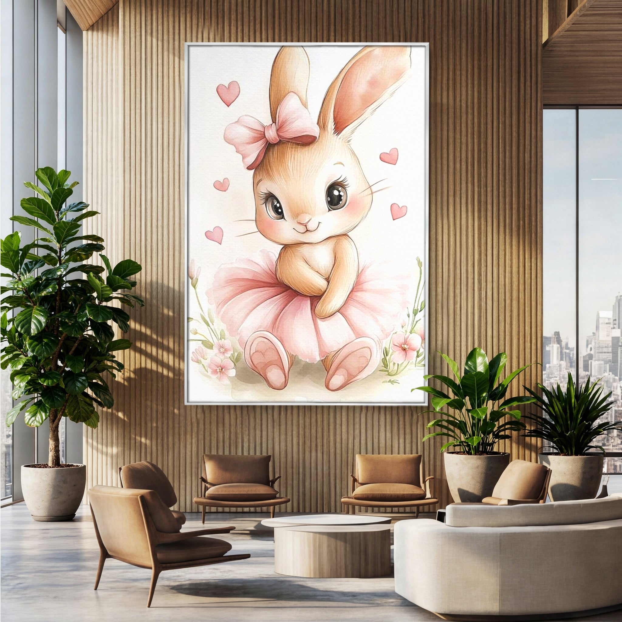 Tablou Canvas Premium, LuxCanva® K1033, Iepurasul Balerina, Gingasie, Rochita, Fundita, Roz, Printesa, Inimioare, Zambet, Tutu, Urechi, Privire, Copilaresc, Jucausa, Camera Copil, Dormitor