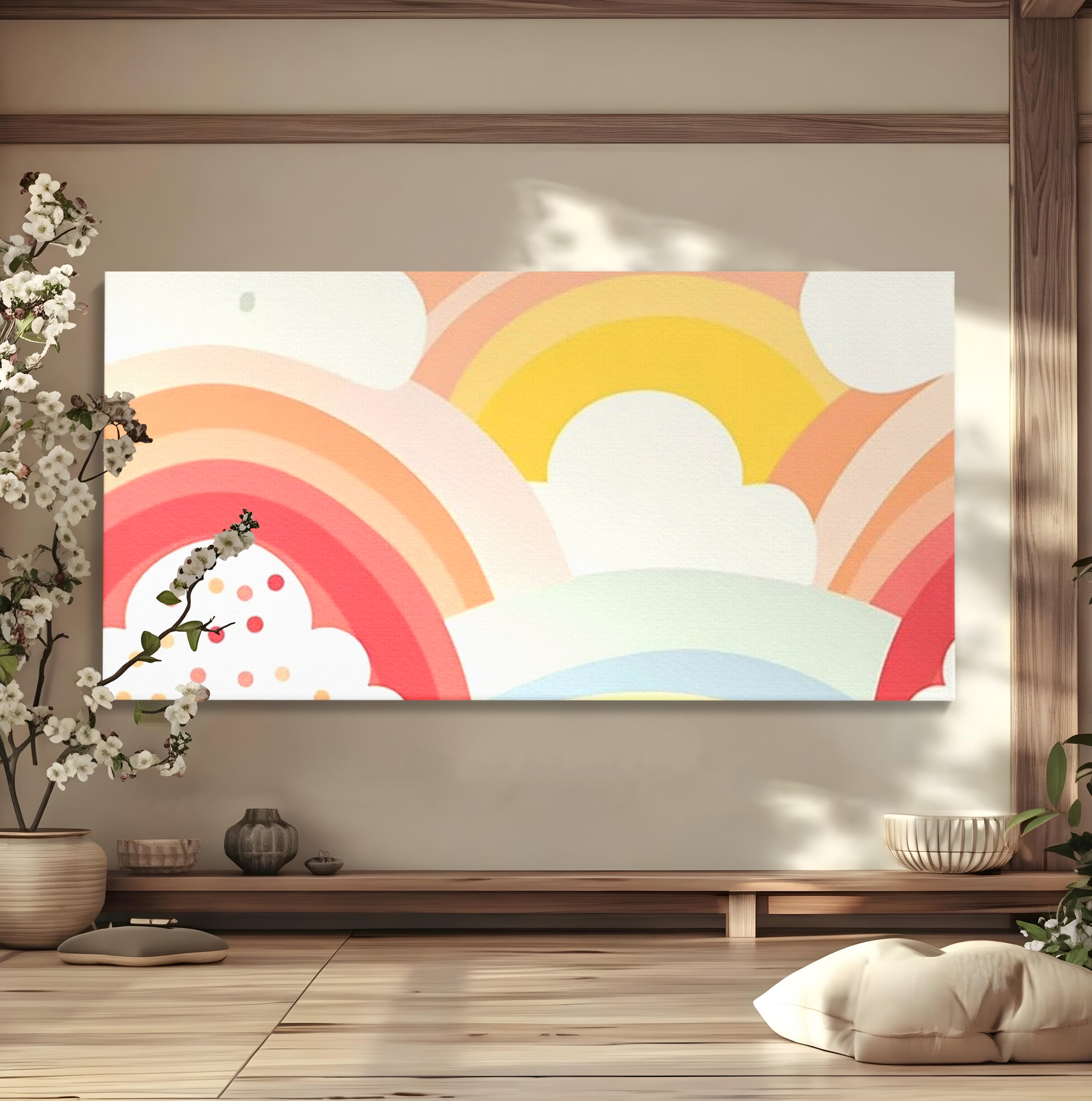 Leinwand Wandkunst Canvas Premium, LuxCanva® K1034, Himmel Lächeln, Pastell, Regenbogen, Wolken, Wolken, Wolken, Energie, Weichheit, Atmosphäre, Kindheit, Himmel, Geschichte, Optimismus, Glück, Kinderzimmer, Schlafzimmer