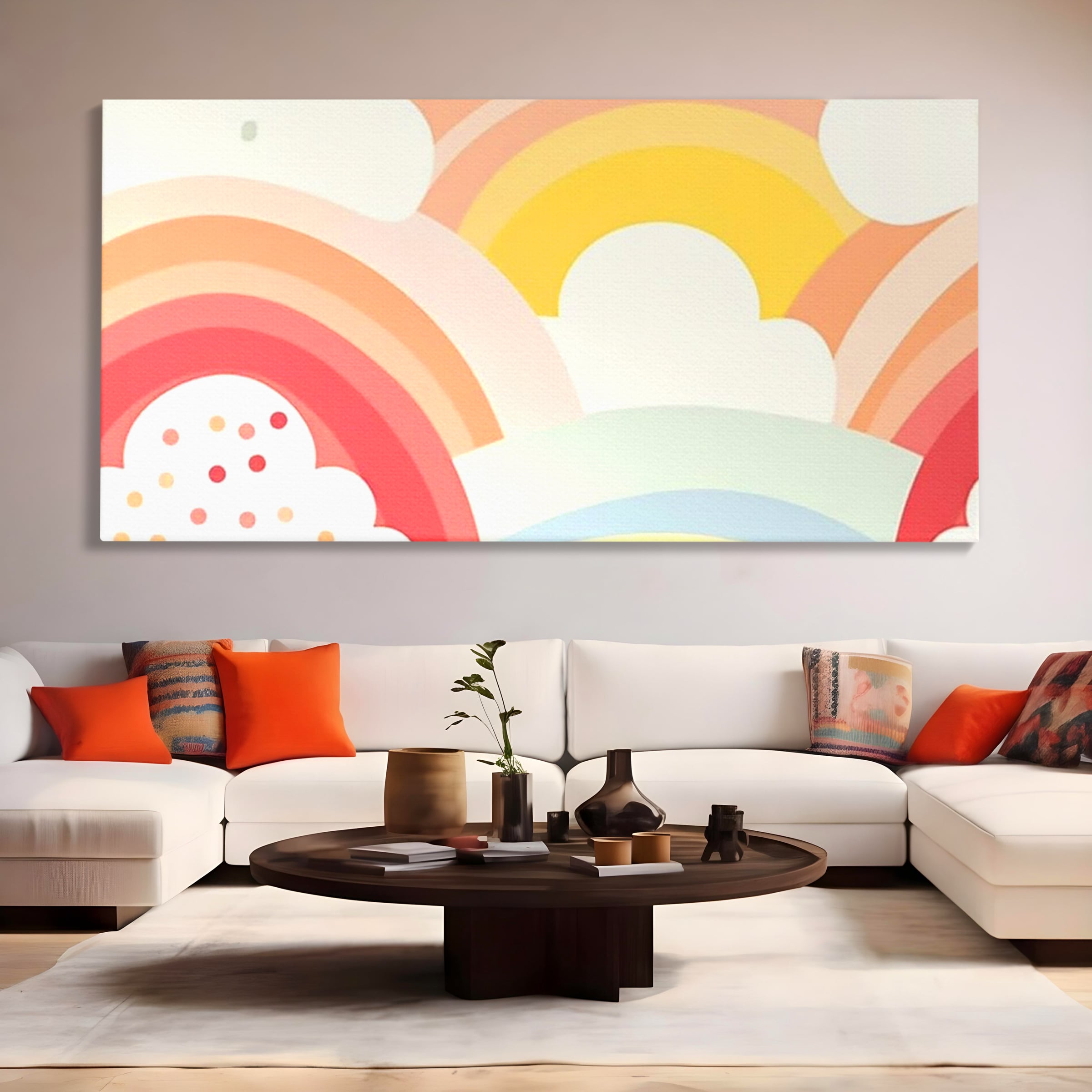 Leinwand Wandkunst Canvas Premium, LuxCanva® K1034, Himmel Lächeln, Pastell, Regenbogen, Wolken, Wolken, Wolken, Energie, Weichheit, Atmosphäre, Kindheit, Himmel, Geschichte, Optimismus, Glück, Kinderzimmer, Schlafzimmer