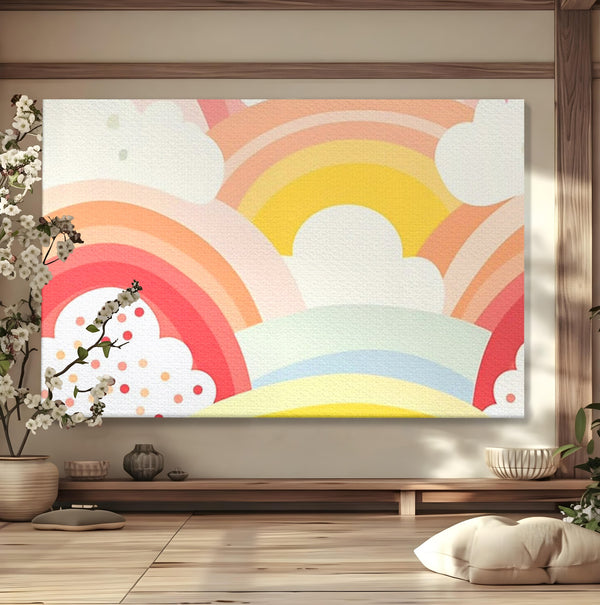Leinwand Wandkunst Canvas Premium, LuxCanva® K1034, Himmel Lächeln, Pastell, Regenbogen, Wolken, Wolken, Wolken, Energie, Weichheit, Atmosphäre, Kindheit, Himmel, Geschichte, Optimismus, Glück, Kinderzimmer, Schlafzimmer