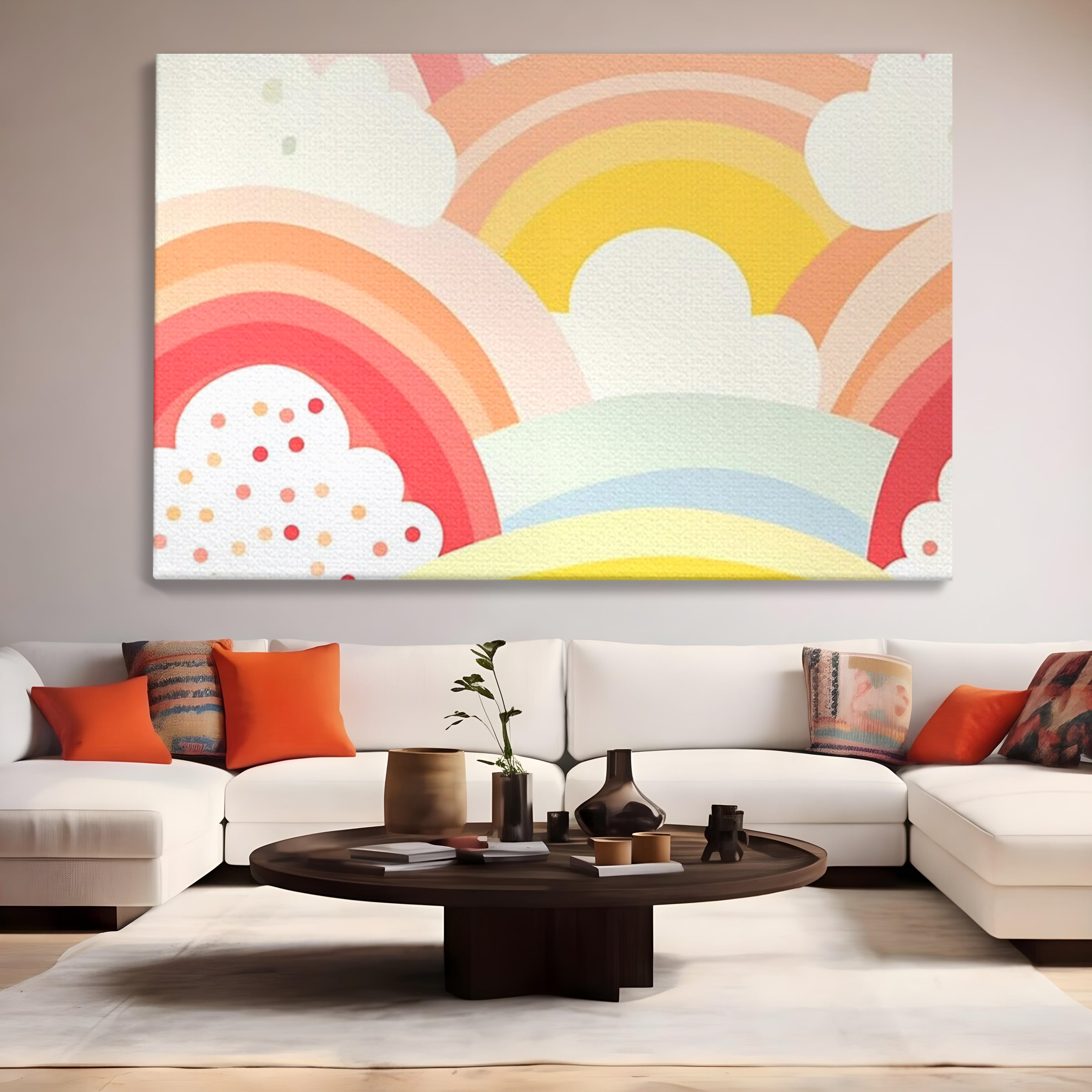 Leinwand Wandkunst Canvas Premium, LuxCanva® K1034, Himmel Lächeln, Pastell, Regenbogen, Wolken, Wolken, Wolken, Energie, Weichheit, Atmosphäre, Kindheit, Himmel, Geschichte, Optimismus, Glück, Kinderzimmer, Schlafzimmer