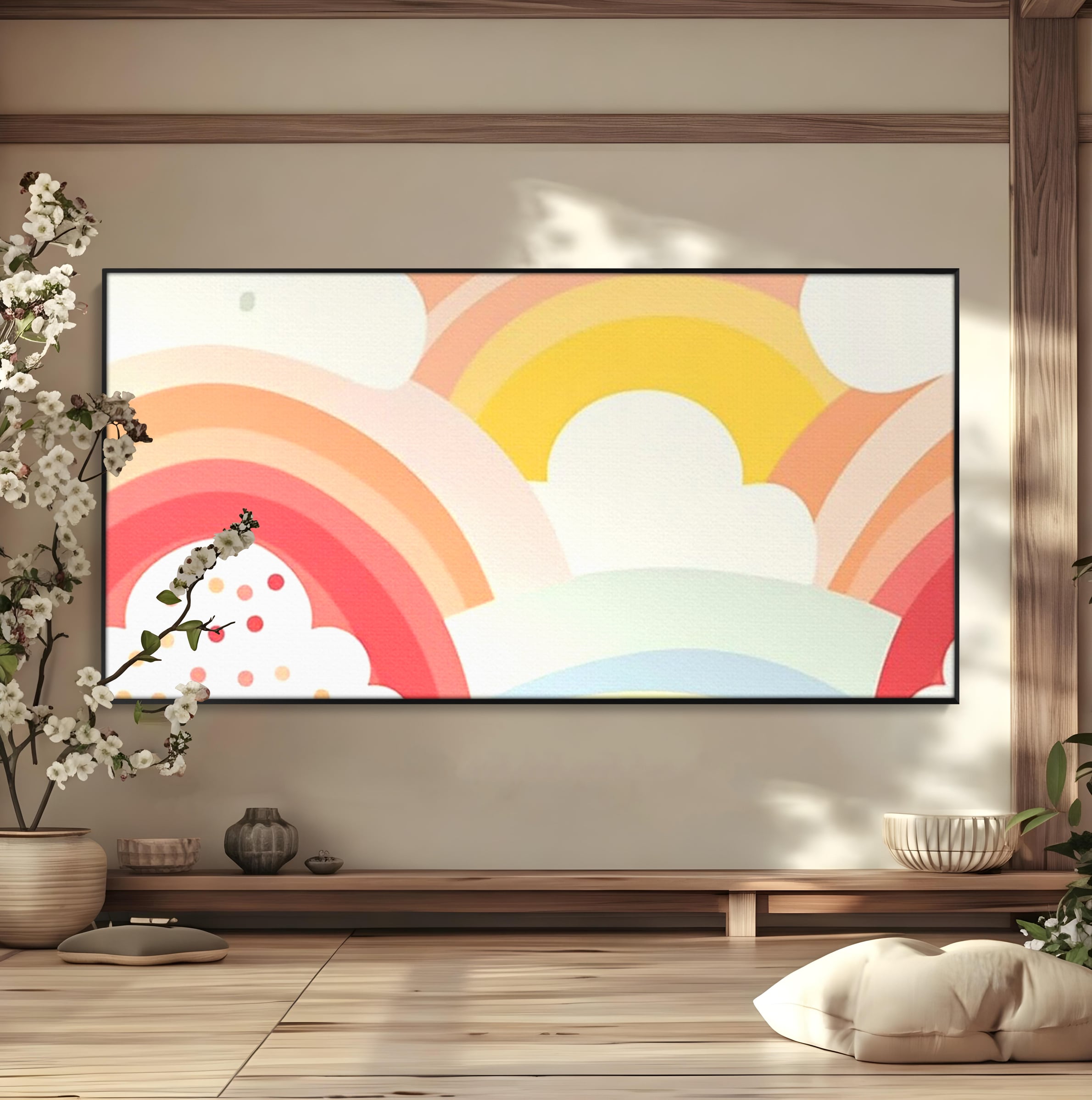 Leinwand Wandkunst Canvas Premium, LuxCanva® K1034, Himmel Lächeln, Pastell, Regenbogen, Wolken, Wolken, Wolken, Energie, Weichheit, Atmosphäre, Kindheit, Himmel, Geschichte, Optimismus, Glück, Kinderzimmer, Schlafzimmer