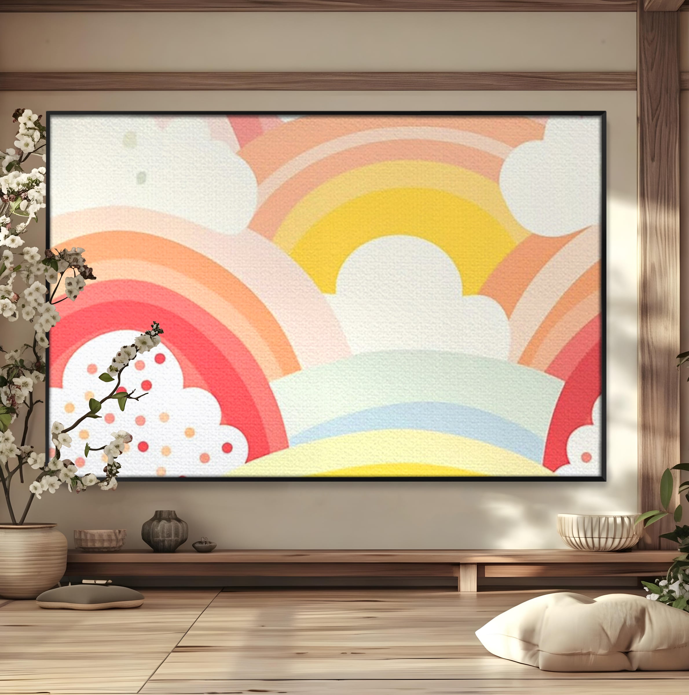 Leinwand Wandkunst Canvas Premium, LuxCanva® K1034, Himmel Lächeln, Pastell, Regenbogen, Wolken, Wolken, Wolken, Energie, Weichheit, Atmosphäre, Kindheit, Himmel, Geschichte, Optimismus, Glück, Kinderzimmer, Schlafzimmer
