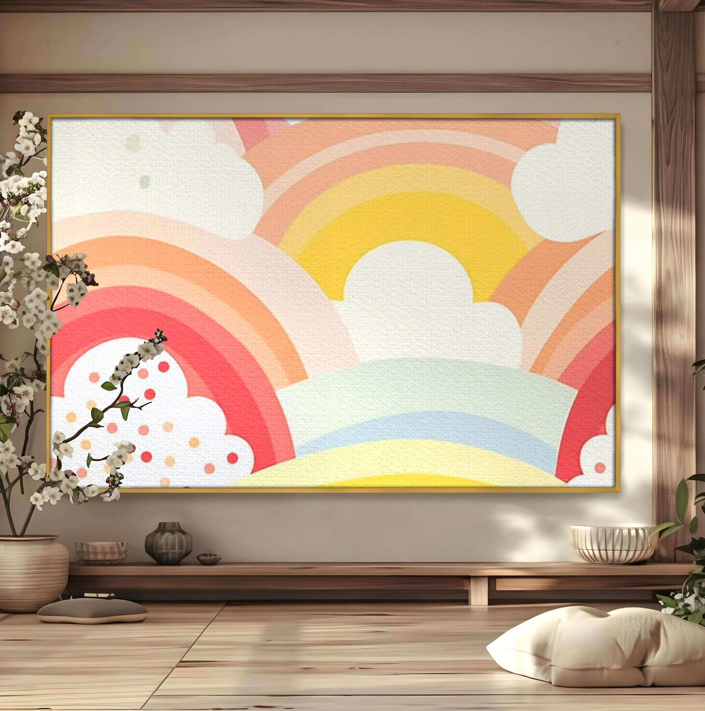 Leinwand Wandkunst Canvas Premium, LuxCanva® K1034, Himmel Lächeln, Pastell, Regenbogen, Wolken, Wolken, Wolken, Energie, Weichheit, Atmosphäre, Kindheit, Himmel, Geschichte, Optimismus, Glück, Kinderzimmer, Schlafzimmer
