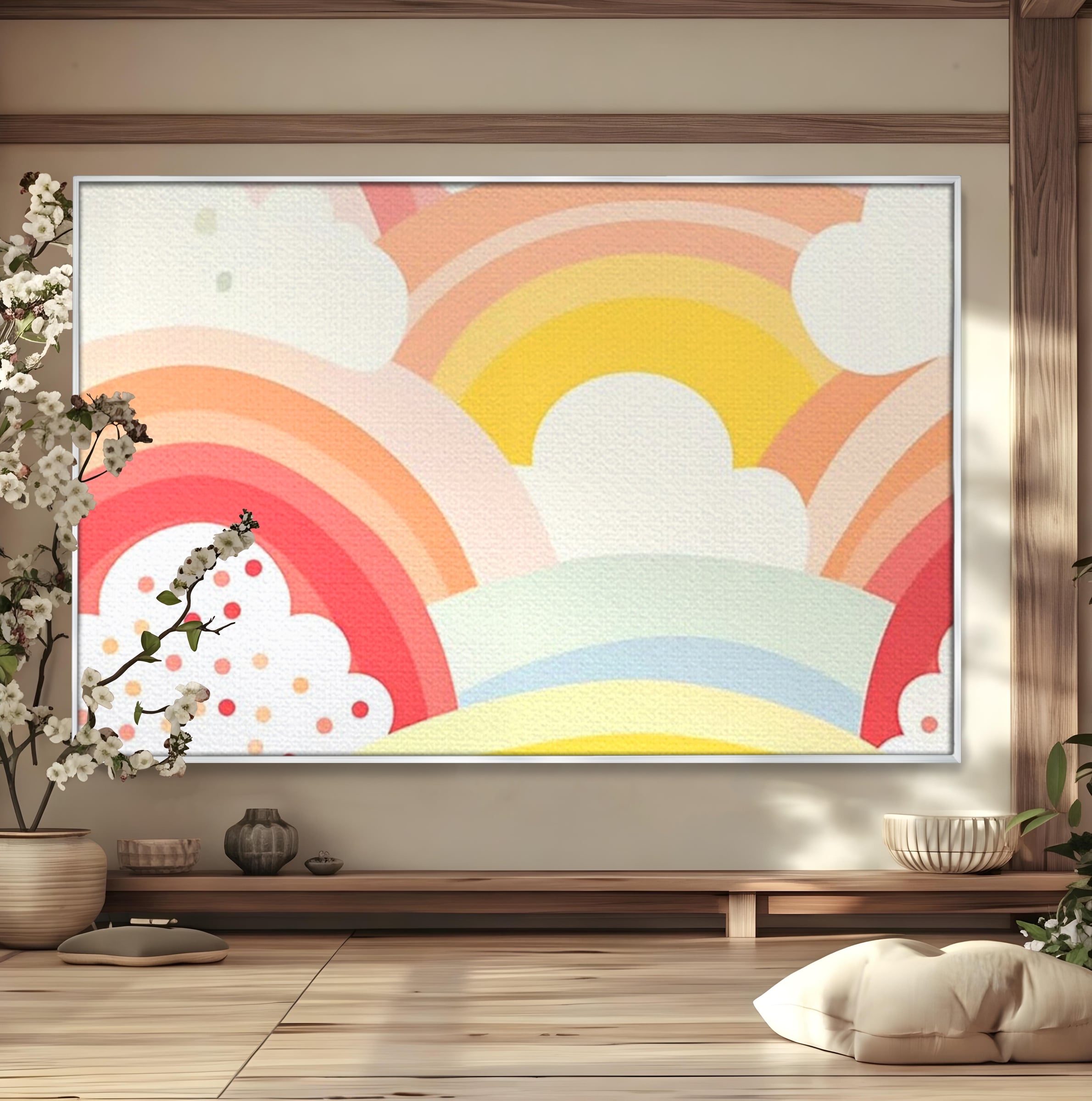 Leinwand Wandkunst Canvas Premium, LuxCanva® K1034, Himmel Lächeln, Pastell, Regenbogen, Wolken, Wolken, Wolken, Energie, Weichheit, Atmosphäre, Kindheit, Himmel, Geschichte, Optimismus, Glück, Kinderzimmer, Schlafzimmer