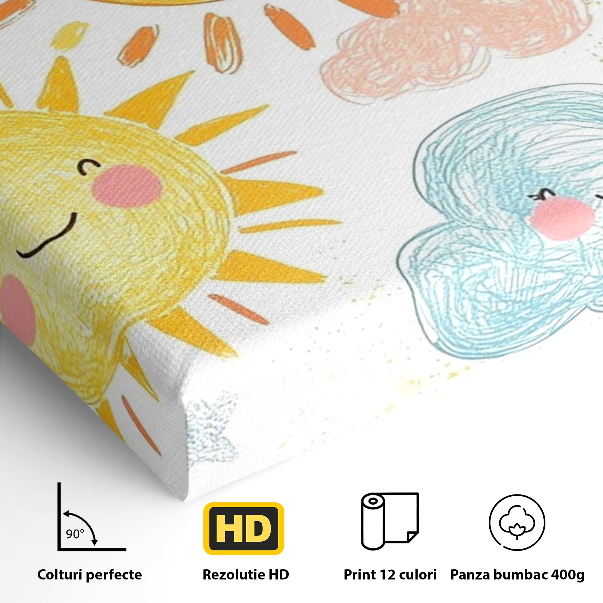 Tablou Canvas Premium, LuxCanva® K1035, Magia Cerului Copilaresc, Zambete, Cer, Soare, Joc, Obraz, Roz, Norisori, Veselie, Raze, Dans, Stele, Magie, Copilarie, Inocenta, Camera Copil, Dormitor