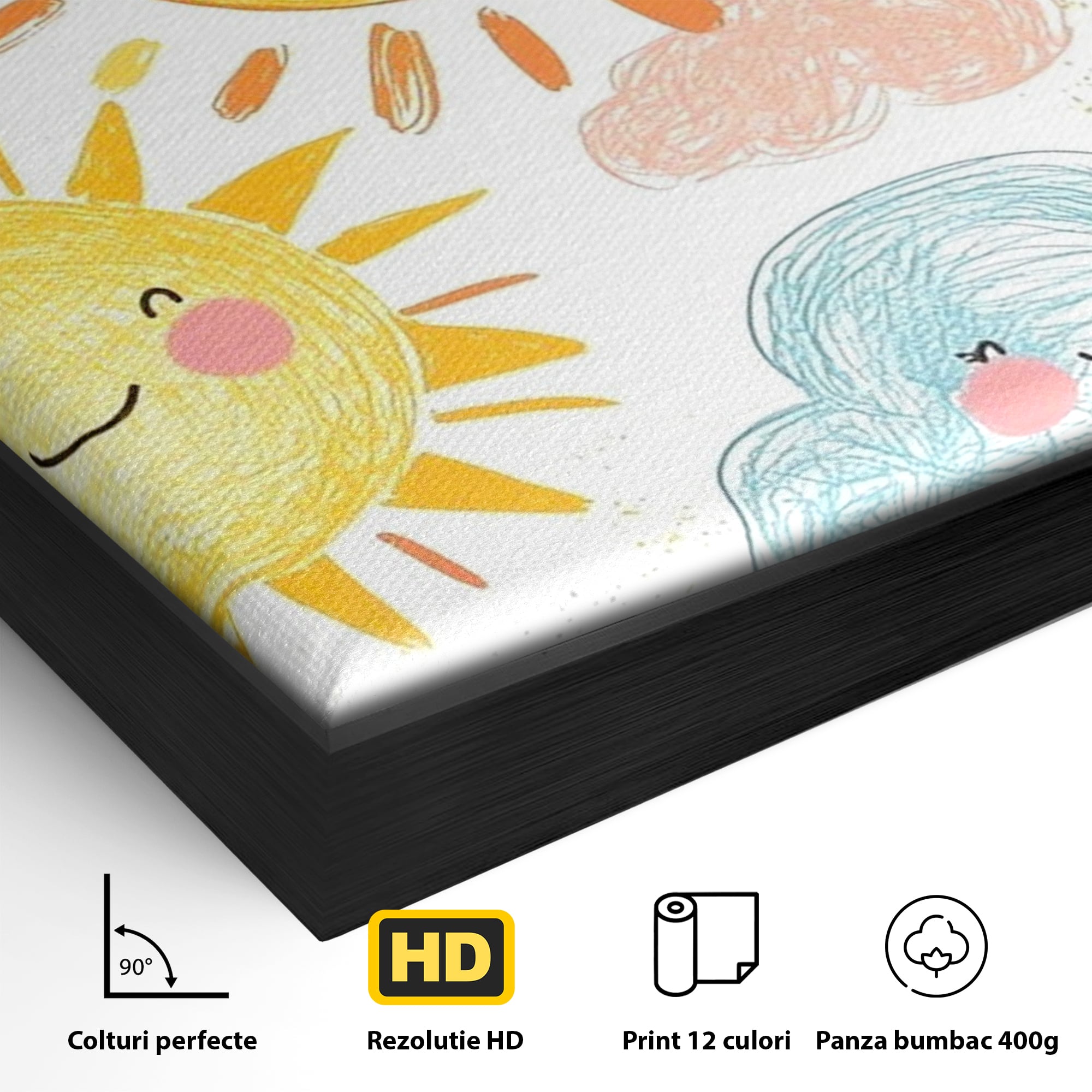 Tablou Canvas Premium, LuxCanva® K1035, Magia Cerului Copilaresc, Zambete, Cer, Soare, Joc, Obraz, Roz, Norisori, Veselie, Raze, Dans, Stele, Magie, Copilarie, Inocenta, Camera Copil, Dormitor