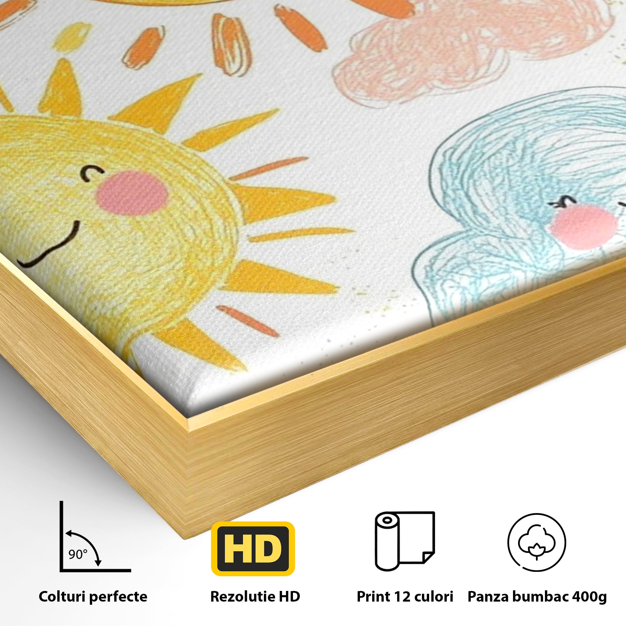 Tablou Canvas Premium, LuxCanva® K1035, Magia Cerului Copilaresc, Zambete, Cer, Soare, Joc, Obraz, Roz, Norisori, Veselie, Raze, Dans, Stele, Magie, Copilarie, Inocenta, Camera Copil, Dormitor
