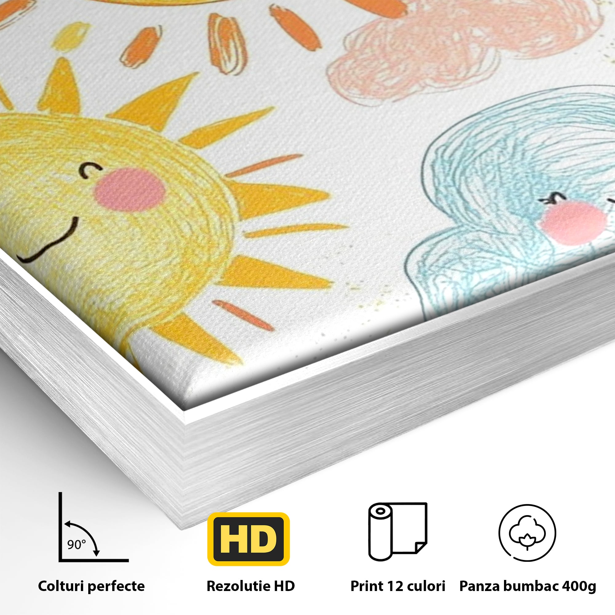 Tablou Canvas Premium, LuxCanva® K1035, Magia Cerului Copilaresc, Zambete, Cer, Soare, Joc, Obraz, Roz, Norisori, Veselie, Raze, Dans, Stele, Magie, Copilarie, Inocenta, Camera Copil, Dormitor