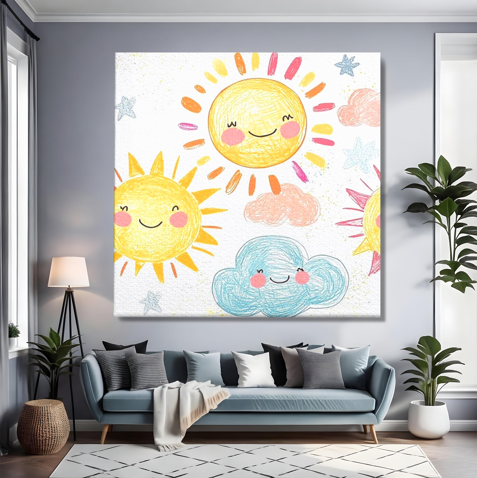 Tablou Canvas Premium, LuxCanva® K1035, Magia Cerului Copilaresc, Zambete, Cer, Soare, Joc, Obraz, Roz, Norisori, Veselie, Raze, Dans, Stele, Magie, Copilarie, Inocenta, Camera Copil, Dormitor