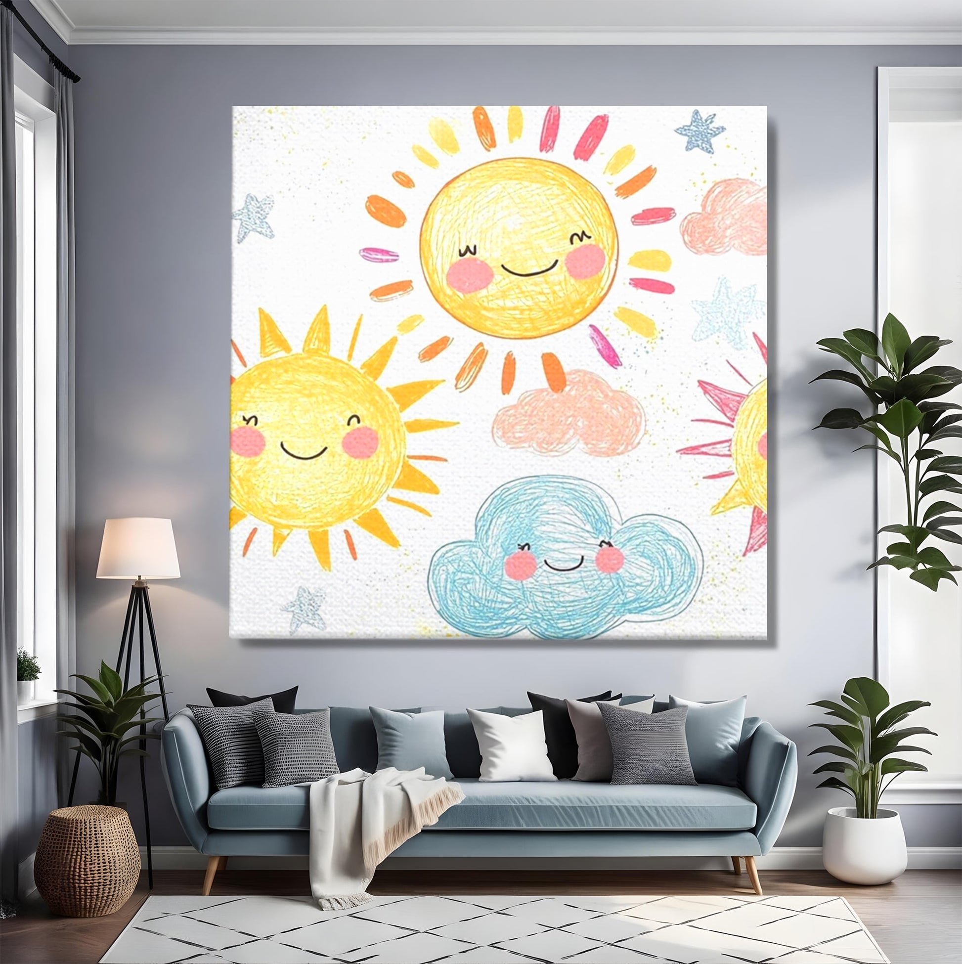 Tablou Canvas Premium, LuxCanva® K1035, Magia Cerului Copilaresc, Zambete, Cer, Soare, Joc, Obraz, Roz, Norisori, Veselie, Raze, Dans, Stele, Magie, Copilarie, Inocenta, Camera Copil, Dormitor