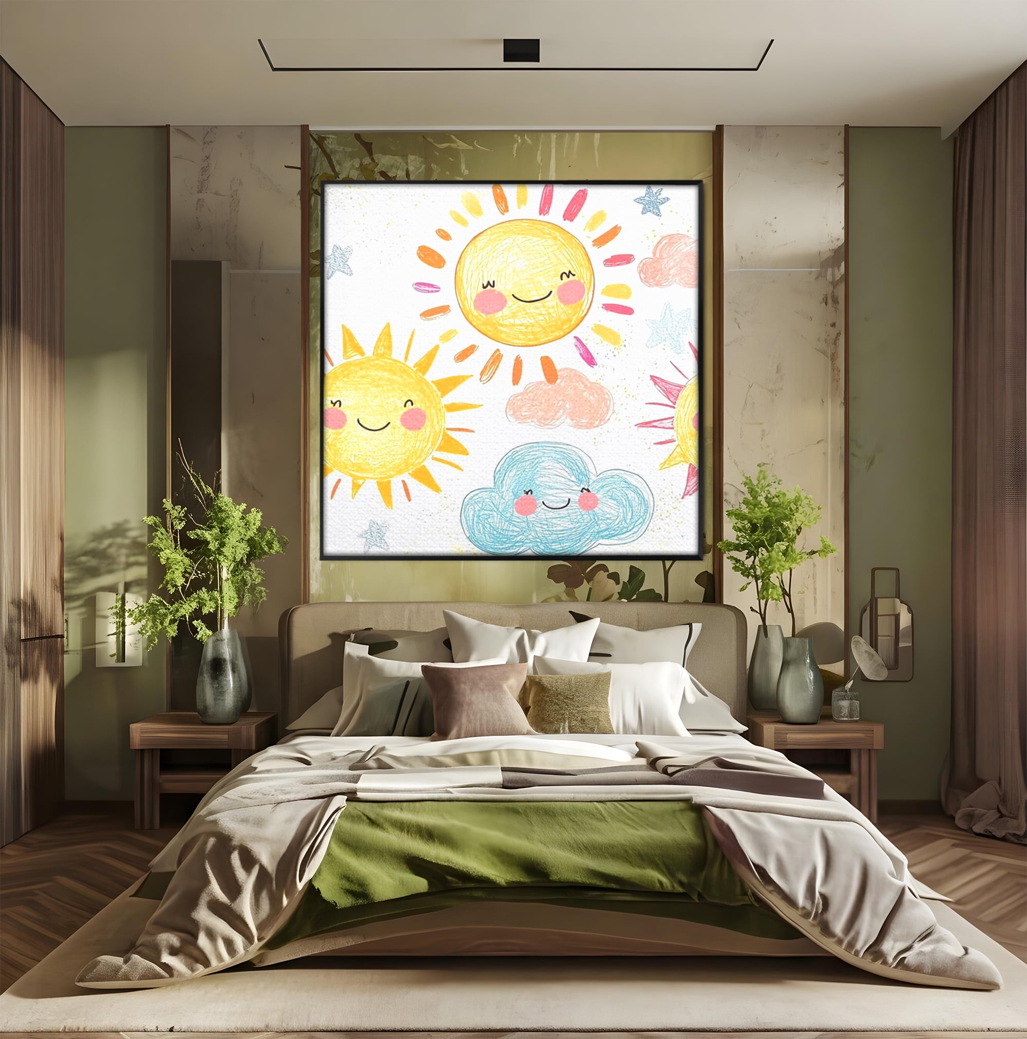 Tablou Canvas Premium, LuxCanva® K1035, Magia Cerului Copilaresc, Zambete, Cer, Soare, Joc, Obraz, Roz, Norisori, Veselie, Raze, Dans, Stele, Magie, Copilarie, Inocenta, Camera Copil, Dormitor