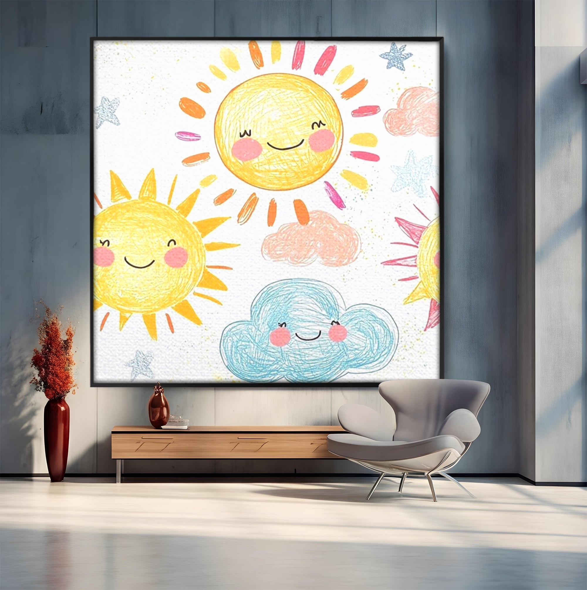 Tablou Canvas Premium, LuxCanva® K1035, Magia Cerului Copilaresc, Zambete, Cer, Soare, Joc, Obraz, Roz, Norisori, Veselie, Raze, Dans, Stele, Magie, Copilarie, Inocenta, Camera Copil, Dormitor