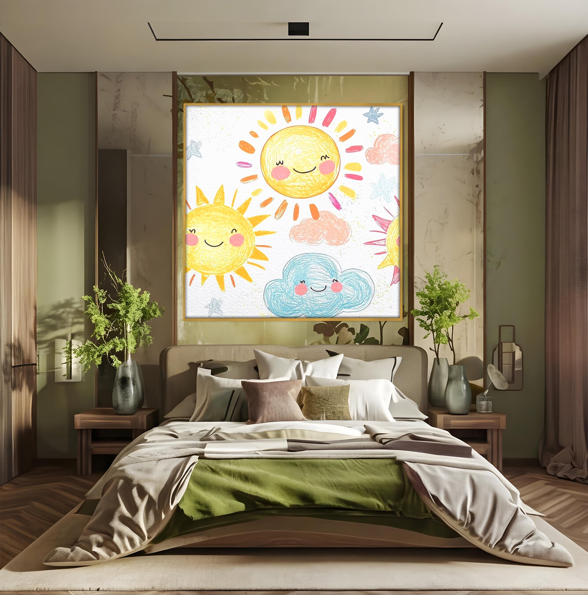Tablou Canvas Premium, LuxCanva® K1035, Magia Cerului Copilaresc, Zambete, Cer, Soare, Joc, Obraz, Roz, Norisori, Veselie, Raze, Dans, Stele, Magie, Copilarie, Inocenta, Camera Copil, Dormitor