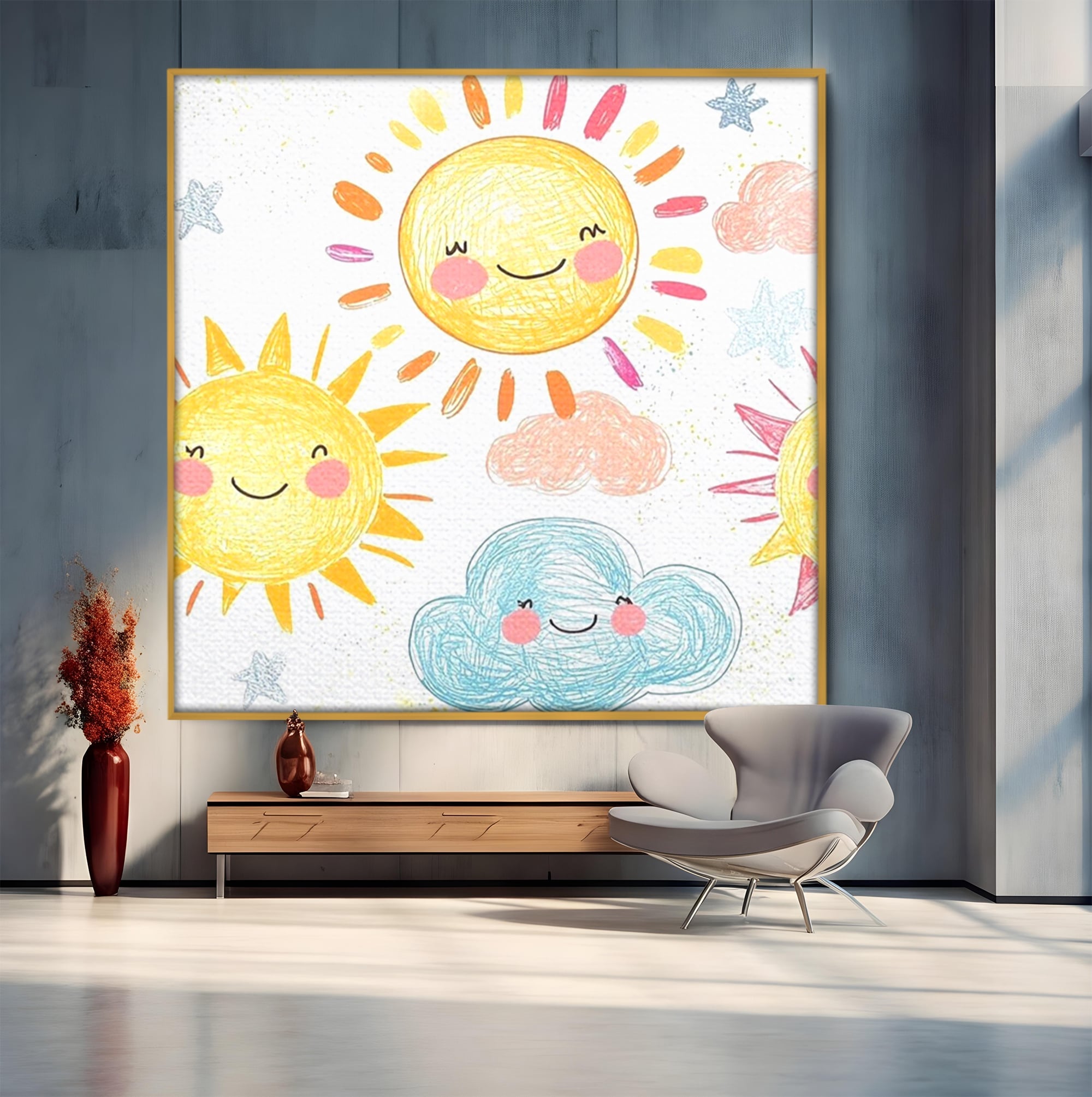 Tablou Canvas Premium, LuxCanva® K1035, Magia Cerului Copilaresc, Zambete, Cer, Soare, Joc, Obraz, Roz, Norisori, Veselie, Raze, Dans, Stele, Magie, Copilarie, Inocenta, Camera Copil, Dormitor