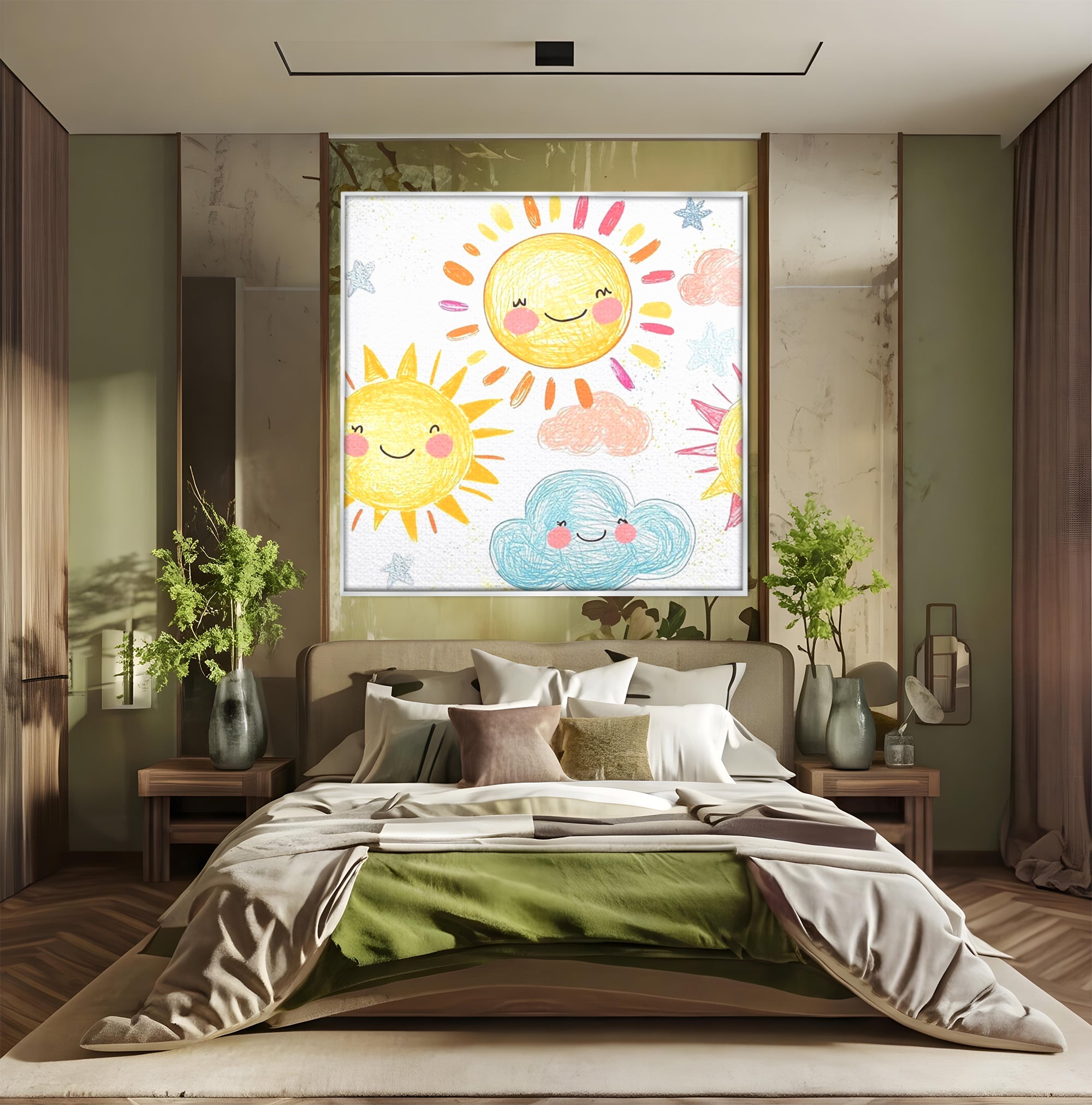 Tablou Canvas Premium, LuxCanva® K1035, Magia Cerului Copilaresc, Zambete, Cer, Soare, Joc, Obraz, Roz, Norisori, Veselie, Raze, Dans, Stele, Magie, Copilarie, Inocenta, Camera Copil, Dormitor