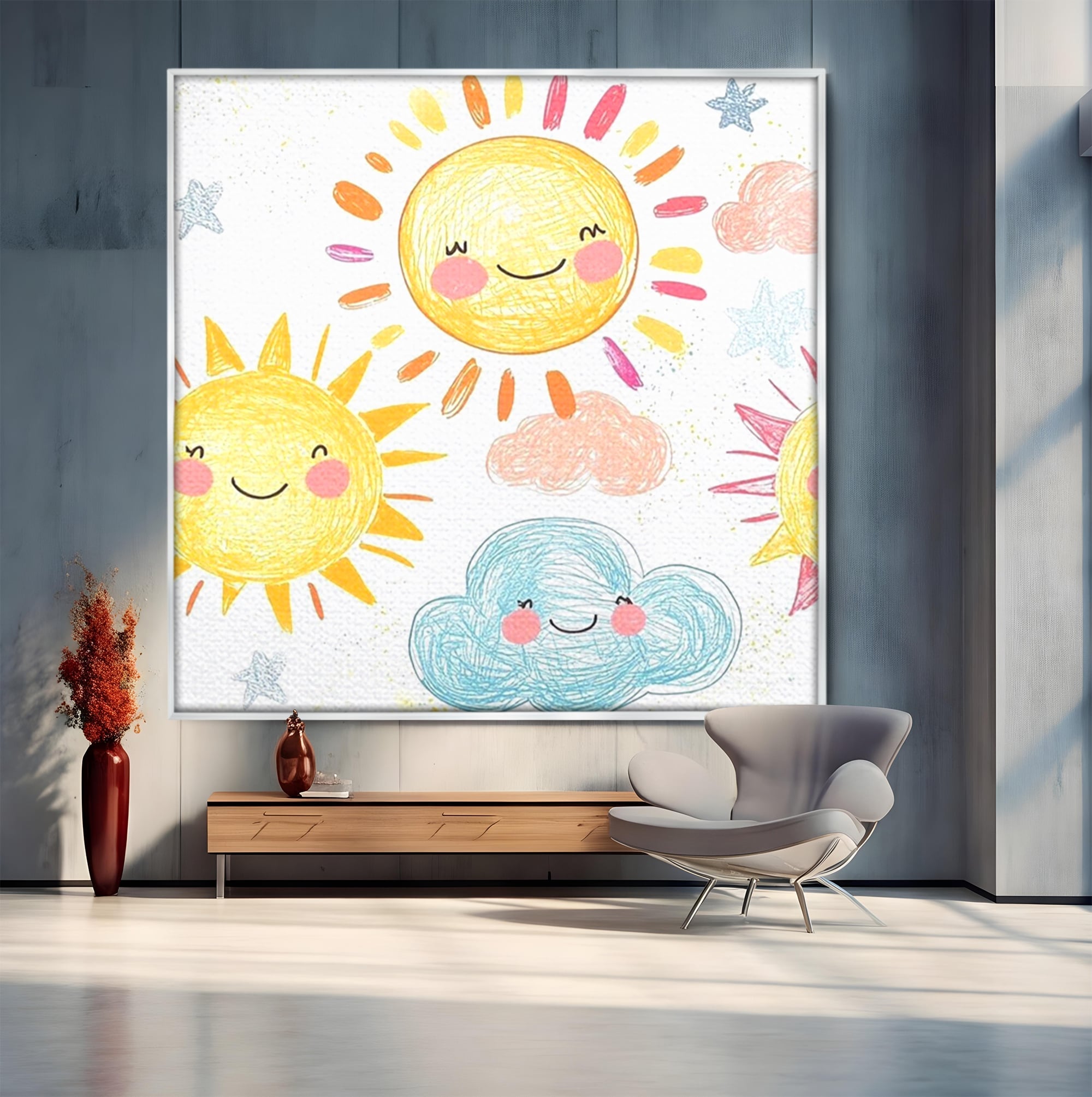 Tablou Canvas Premium, LuxCanva® K1035, Magia Cerului Copilaresc, Zambete, Cer, Soare, Joc, Obraz, Roz, Norisori, Veselie, Raze, Dans, Stele, Magie, Copilarie, Inocenta, Camera Copil, Dormitor