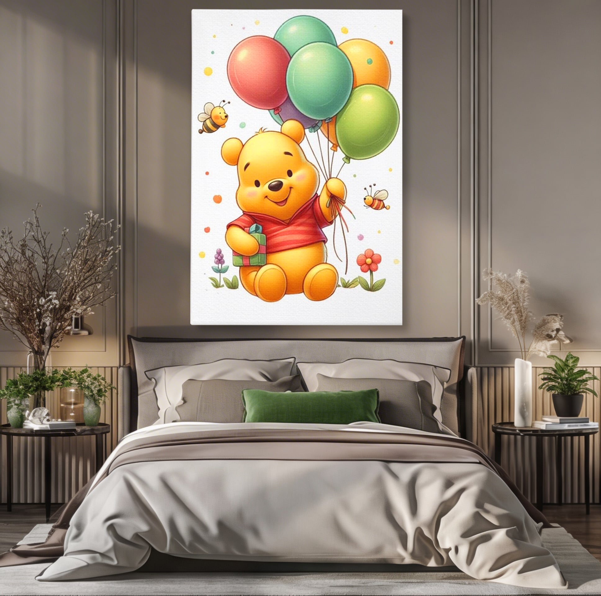 Leinwandbilder Premium, LuxCanva® K1036, Ballon-Teddybär, Pooh, Winnie The Pooh, Luftballons, Freund, Bienen, glücklich, Glück, Glück, Geschenk, Jahrestag, Unschuld, Kinderzimmer, Schlafzimmer