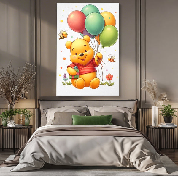 Leinwandbilder Premium, LuxCanva® K1036, Ballon-Teddybär, Pooh, Winnie The Pooh, Luftballons, Freund, Bienen, glücklich, Glück, Glück, Geschenk, Jahrestag, Unschuld, Kinderzimmer, Schlafzimmer