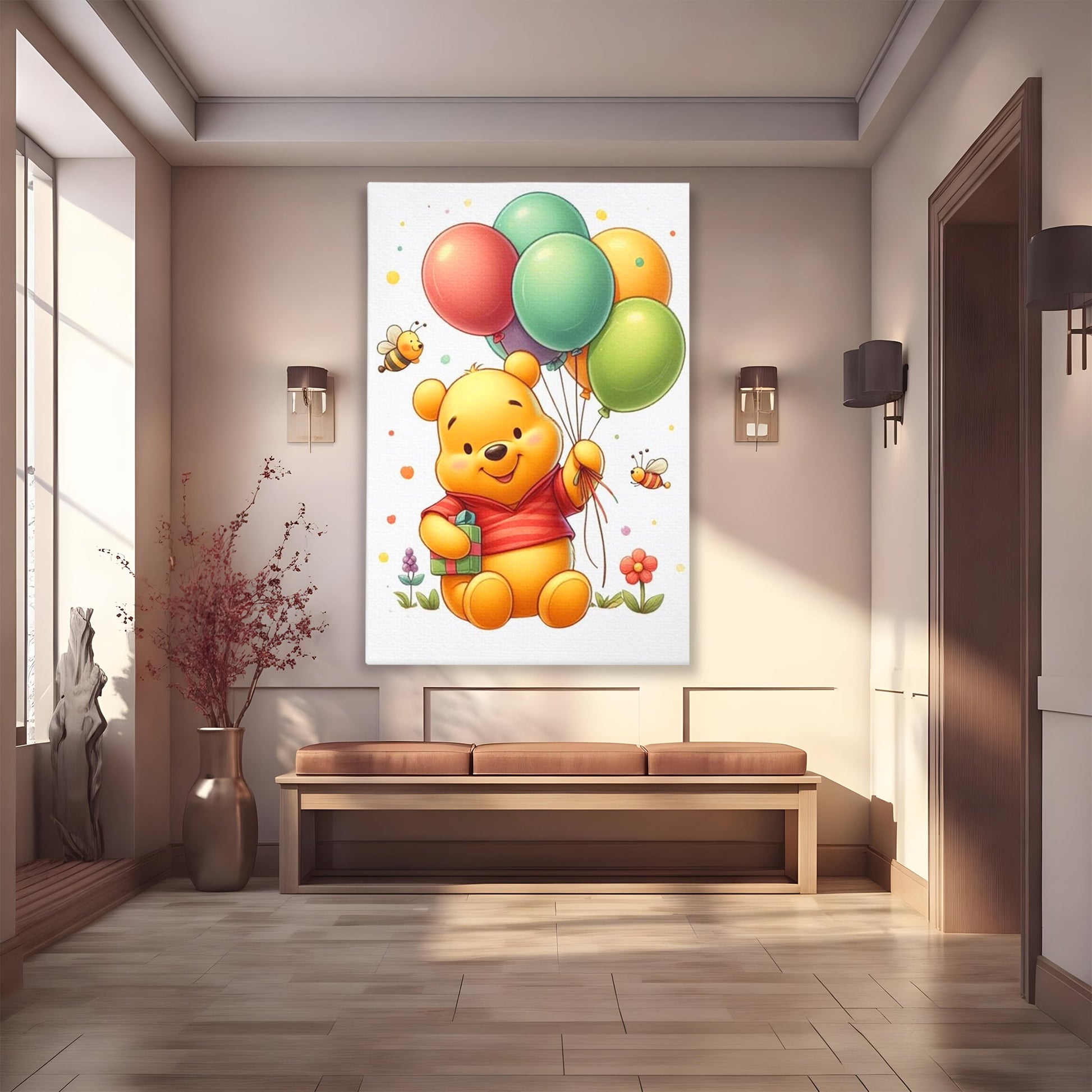 Leinwandbilder Premium, LuxCanva® K1036, Ballon-Teddybär, Pooh, Winnie The Pooh, Luftballons, Freund, Bienen, glücklich, Glück, Glück, Geschenk, Jahrestag, Unschuld, Kinderzimmer, Schlafzimmer