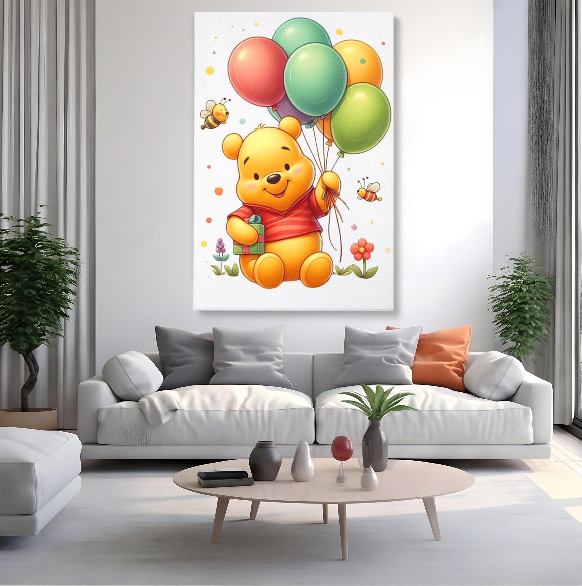 Leinwandbilder Premium, LuxCanva® K1036, Ballon-Teddybär, Pooh, Winnie The Pooh, Luftballons, Freund, Bienen, glücklich, Glück, Glück, Geschenk, Jahrestag, Unschuld, Kinderzimmer, Schlafzimmer