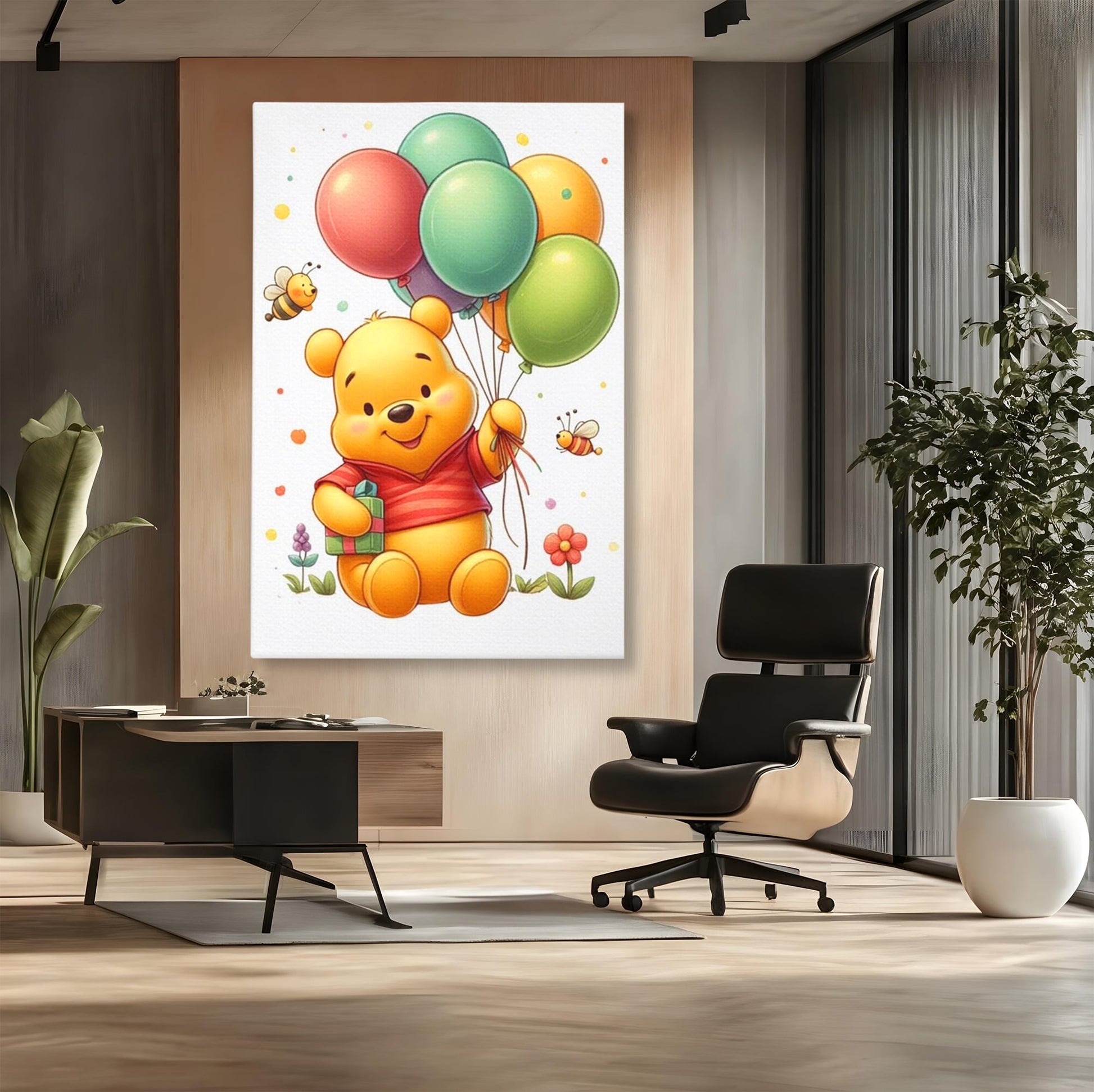 Leinwandbilder Premium, LuxCanva® K1036, Ballon-Teddybär, Pooh, Winnie The Pooh, Luftballons, Freund, Bienen, glücklich, Glück, Glück, Geschenk, Jahrestag, Unschuld, Kinderzimmer, Schlafzimmer