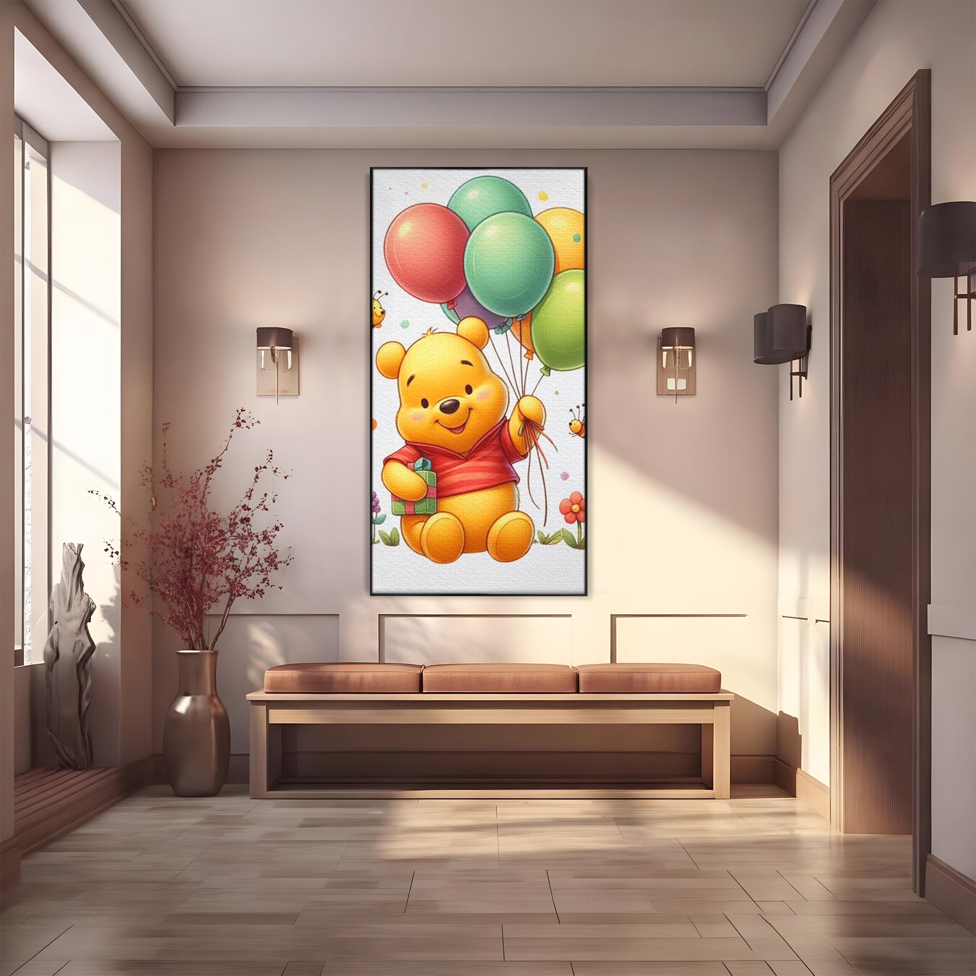 Leinwandbilder Premium, LuxCanva® K1036, Ballon-Teddybär, Pooh, Winnie The Pooh, Luftballons, Freund, Bienen, glücklich, Glück, Glück, Geschenk, Jahrestag, Unschuld, Kinderzimmer, Schlafzimmer