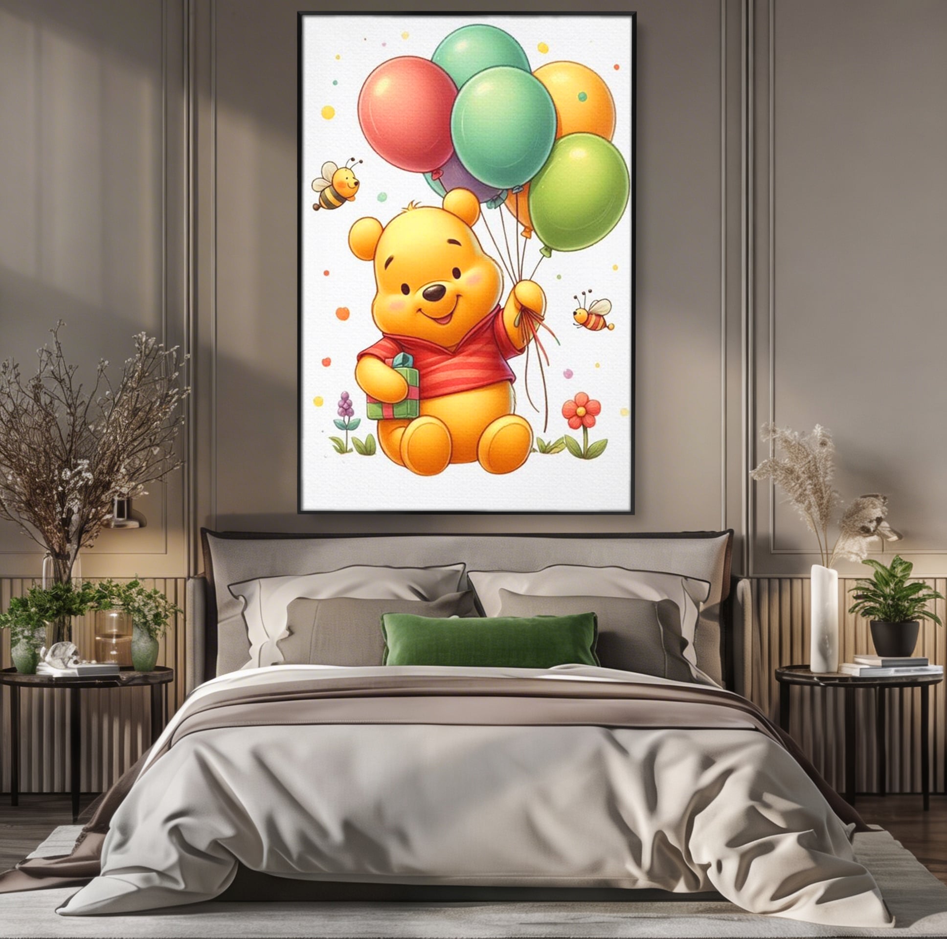 Leinwandbilder Premium, LuxCanva® K1036, Ballon-Teddybär, Pooh, Winnie The Pooh, Luftballons, Freund, Bienen, glücklich, Glück, Glück, Geschenk, Jahrestag, Unschuld, Kinderzimmer, Schlafzimmer