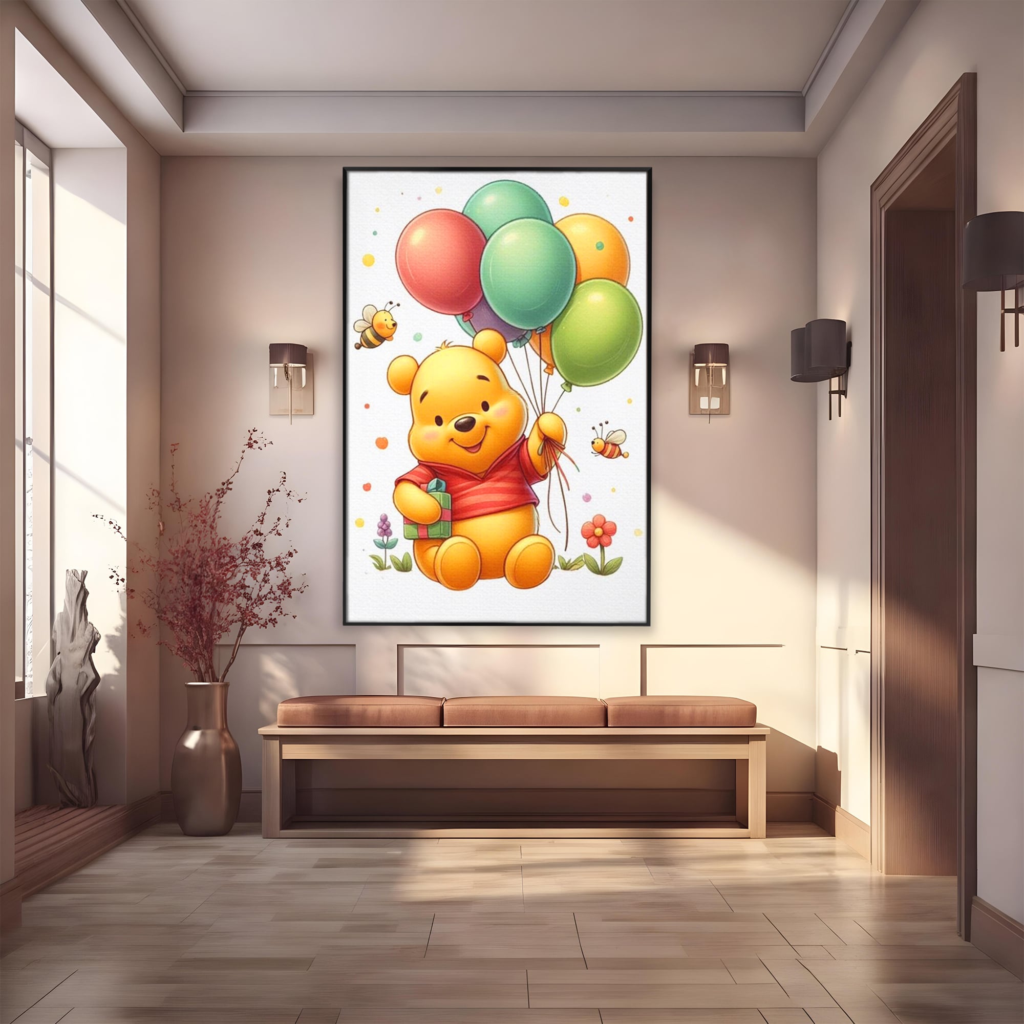 Leinwandbilder Premium, LuxCanva® K1036, Ballon-Teddybär, Pooh, Winnie The Pooh, Luftballons, Freund, Bienen, glücklich, Glück, Glück, Geschenk, Jahrestag, Unschuld, Kinderzimmer, Schlafzimmer
