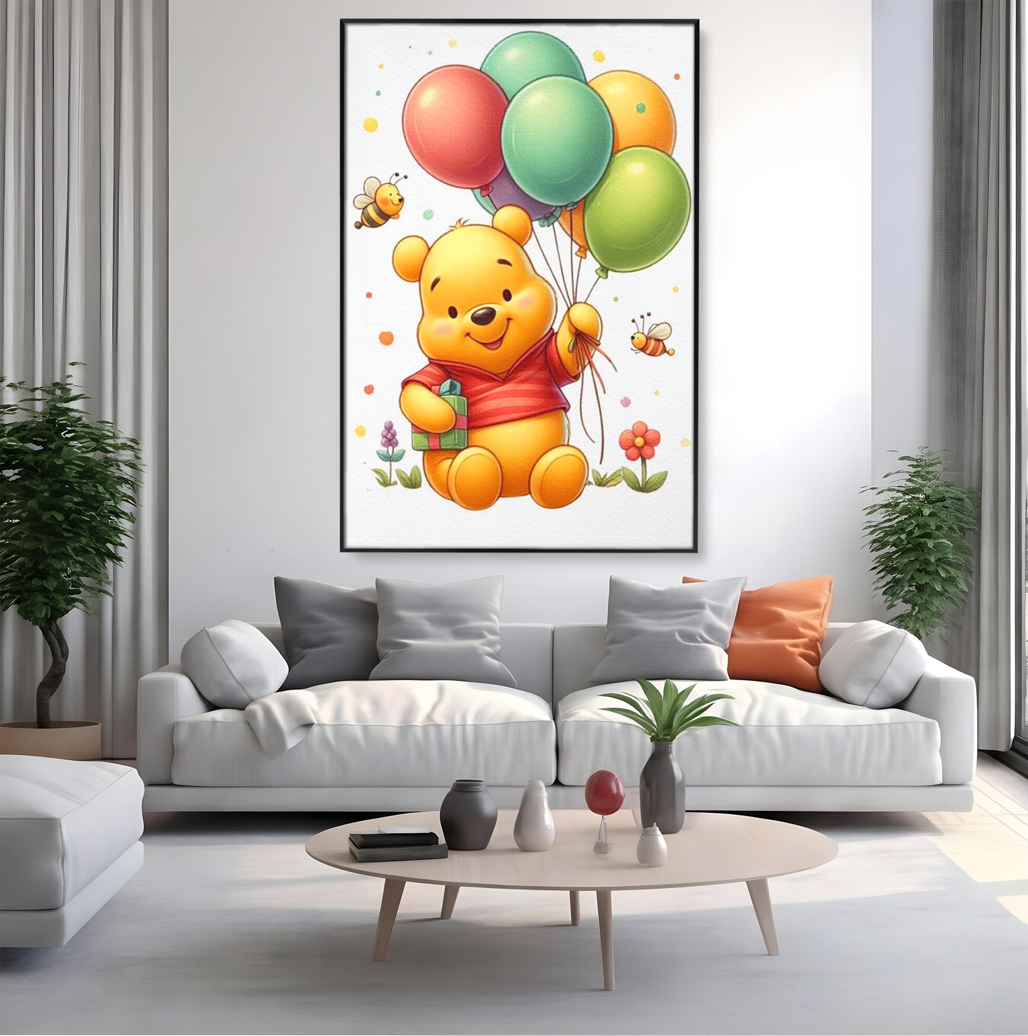 Leinwandbilder Premium, LuxCanva® K1036, Ballon-Teddybär, Pooh, Winnie The Pooh, Luftballons, Freund, Bienen, glücklich, Glück, Glück, Geschenk, Jahrestag, Unschuld, Kinderzimmer, Schlafzimmer