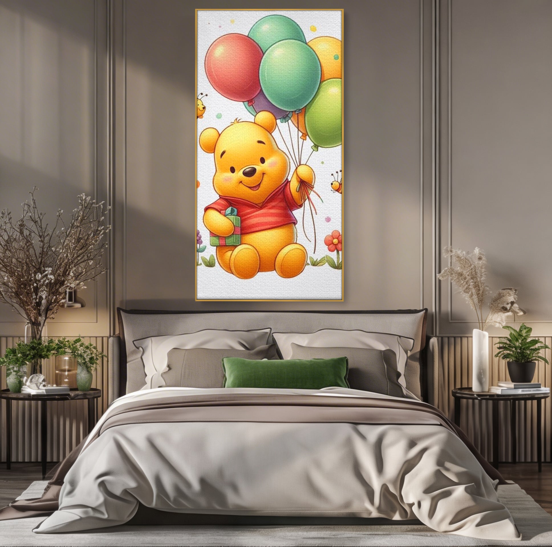 Leinwandbilder Premium, LuxCanva® K1036, Ballon-Teddybär, Pooh, Winnie The Pooh, Luftballons, Freund, Bienen, glücklich, Glück, Glück, Geschenk, Jahrestag, Unschuld, Kinderzimmer, Schlafzimmer